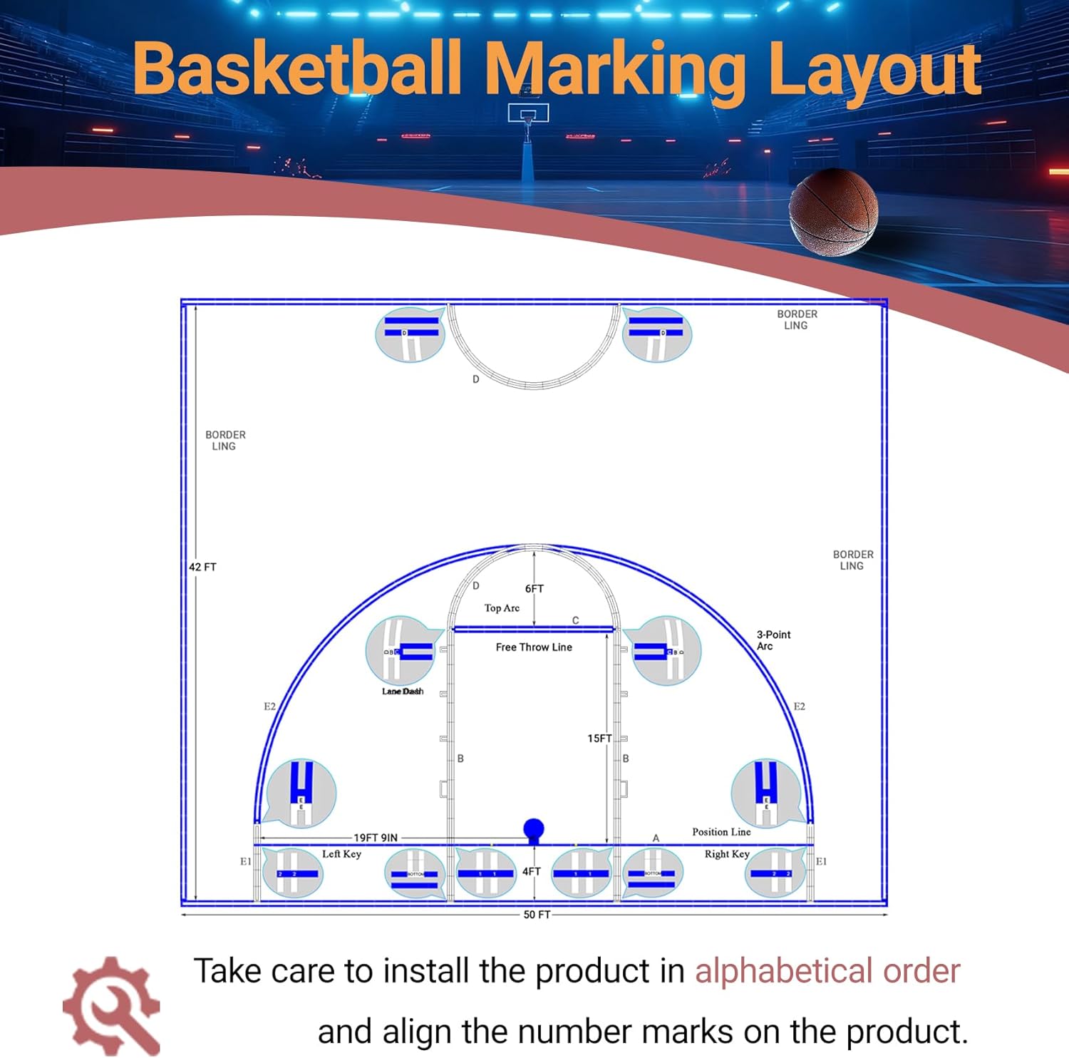 Reusable Basketball Court Stencil Kit for Concrete, Basketball Court Marking Kit, Plastic Material, Sun-Resistant NOT Paper Board, Durable,Reusable, Can be Used More Than 20 Times (Half Court)