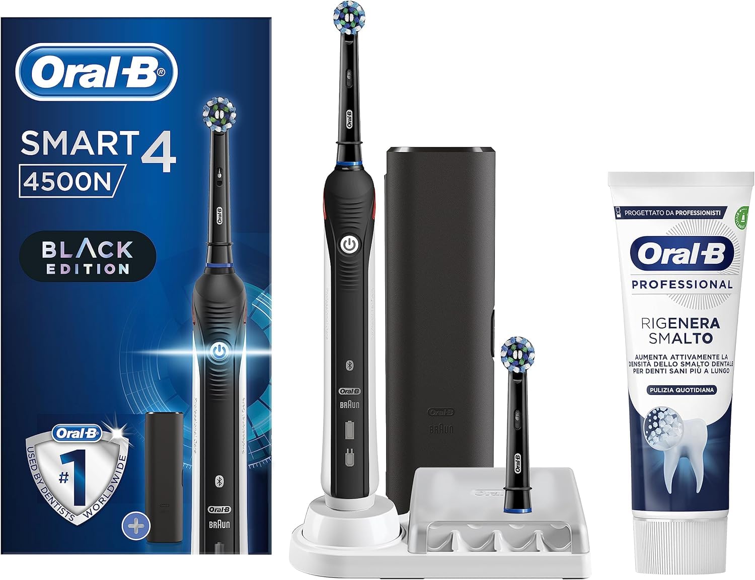 Oral-B Cepillo de dientes eléctrico recargable Smart 4 4500N, 2 cabezales, 1 cepillo de dientes, 1 funda de viaje y 1 pasta de dientes, batería hasta 2 semanas, Black Edition