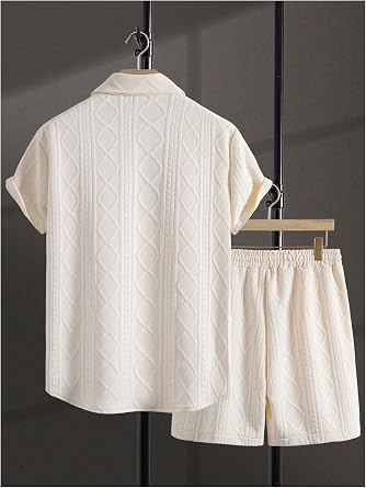 GORGLITTER Men's 2 Piece Outfits Waffle Knit Button Down Shirt Top and Shorts Set