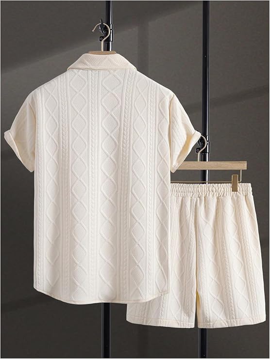 GORGLITTER Men's 2 Piece Outfits Waffle Knit Button Down Shirt Top and Shorts Set