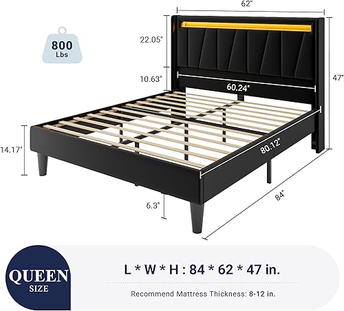Miniatura 2 de Allewie - Base de cama tamaño Queen con estación de carga LED, base de cama tapizada en terciopelo con plataforma y cabecera geométrica con respaldo