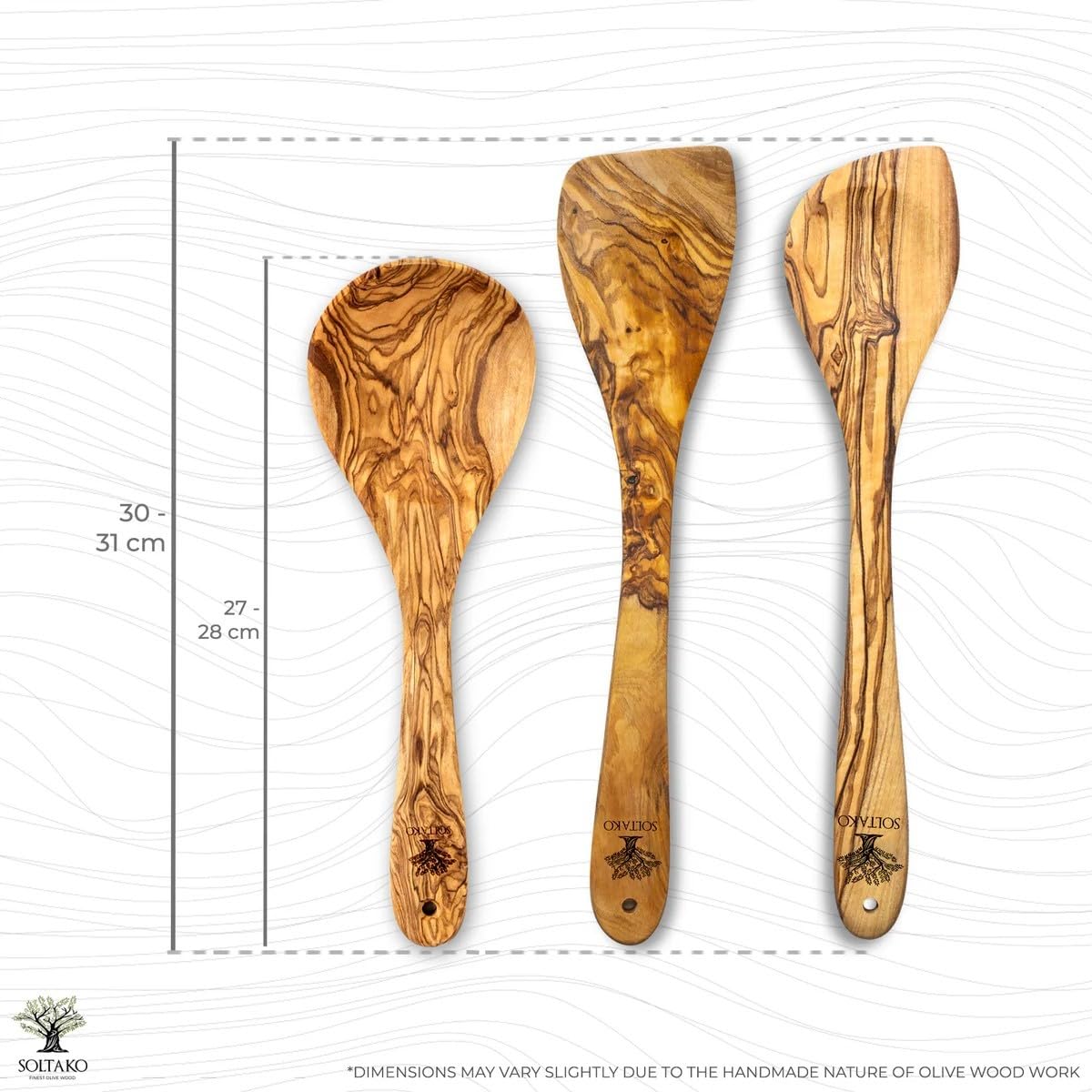 SOLTAKO 3-teiliges Olivenholz Küchen-Set - Set mit Kochlöffel, Pfannenwender und Holz Reislöffel - handgefertigt aus Tunesien - Holzlöffel und Kochlöffel antibakteriell und hitzebeständig