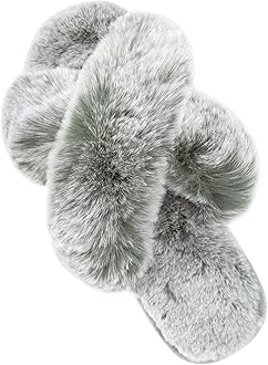 Parlovable Women's Fuzzy Slippers Comfy Cross Band House Shoes Memory Foam Open Toe Indoor Gifts for Ladies