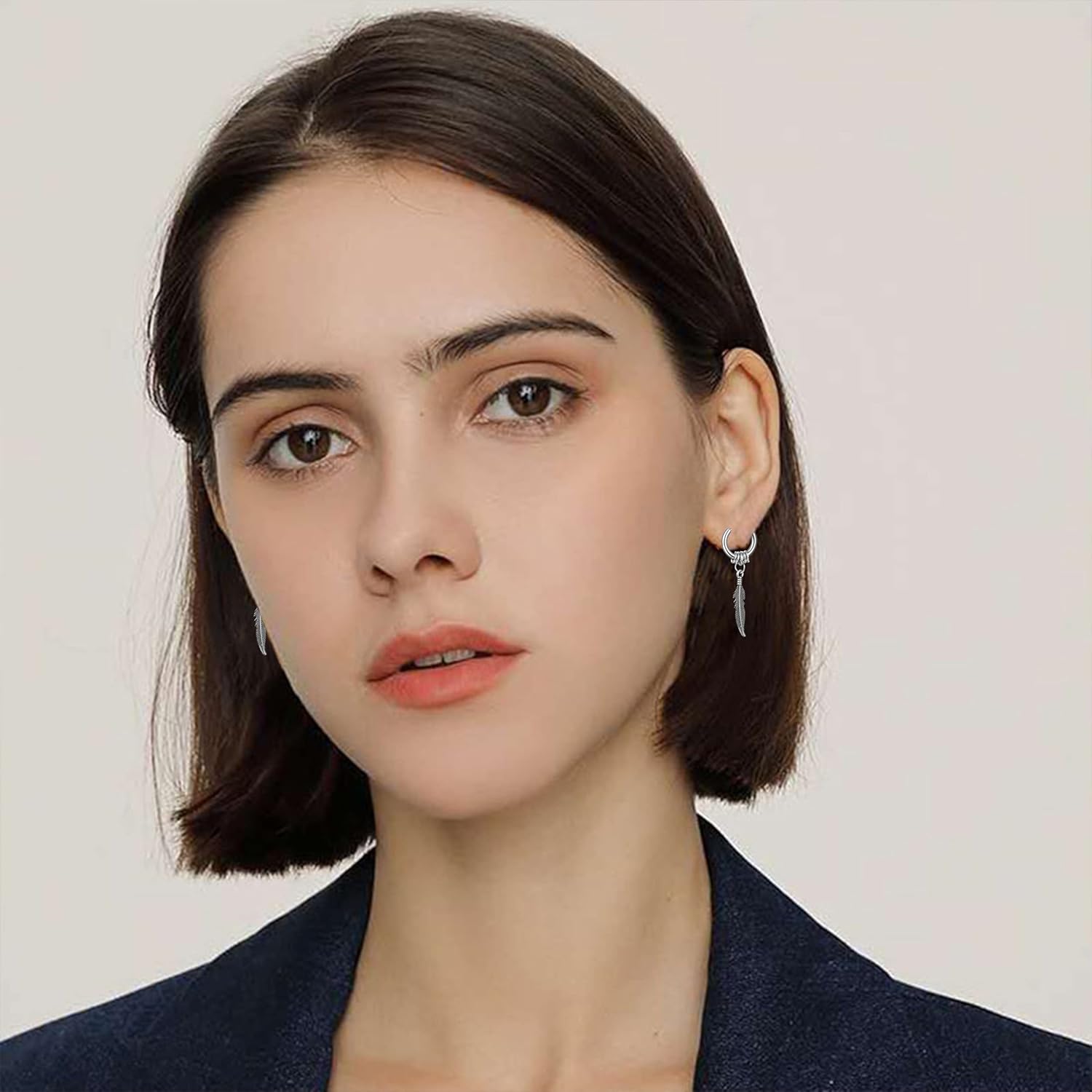 KaFu Surgical Stainless Steel Huggie Hinged Hoop Earrings Punk Hip Hop Cool Goth Black Silver Feather Drop Dangle Earrings for Men Women - Image 5