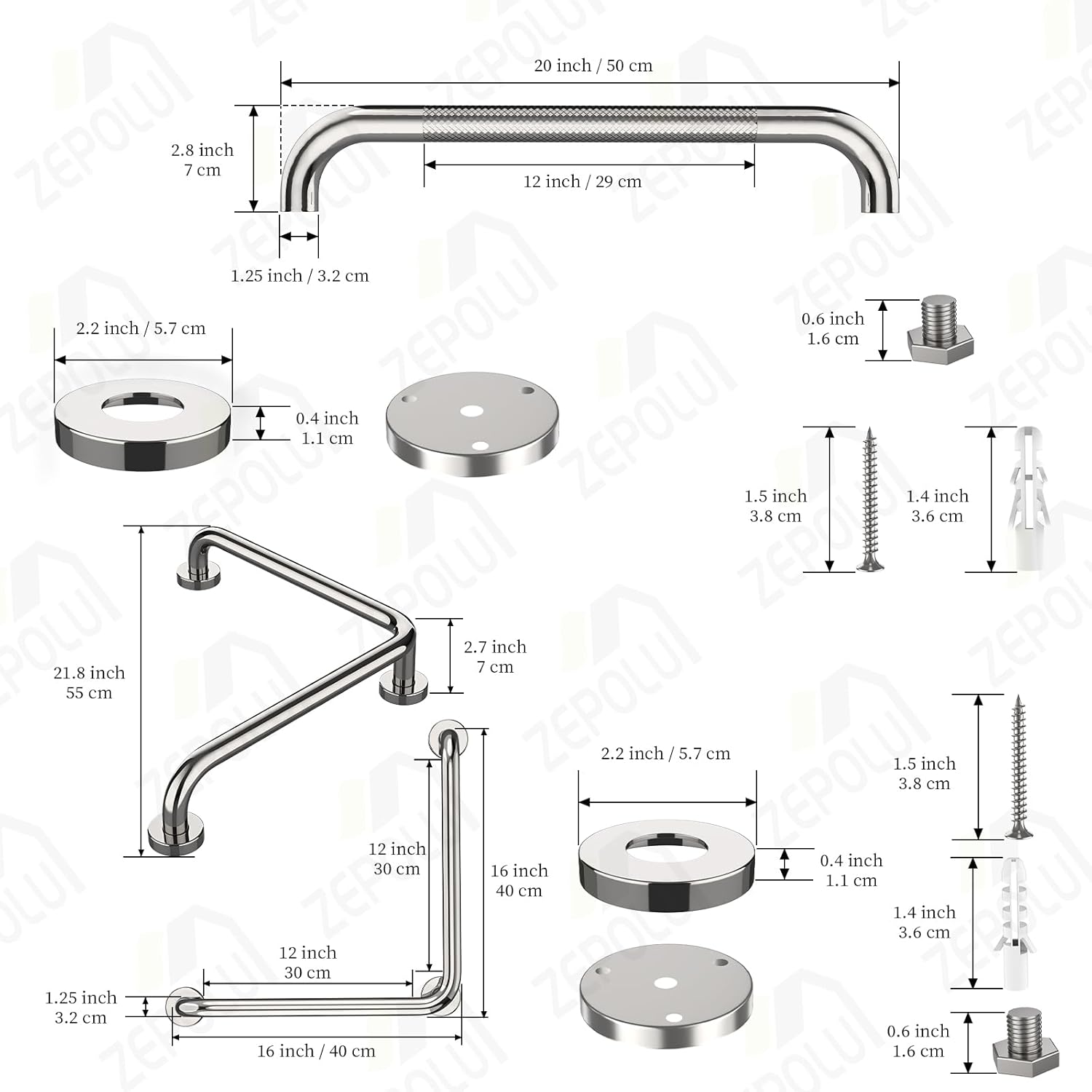 Polished Chrome L-Shaped Grab Bar 16x16 Inch + Knurled Shower Grab Rail 20 Inch, Zepolu Stainless Steel Angled Toilet Safety Bar, Bathroom Mobility Aid Handrail, Balance Support Assist Bar for Senior Chrome 16x16 inch