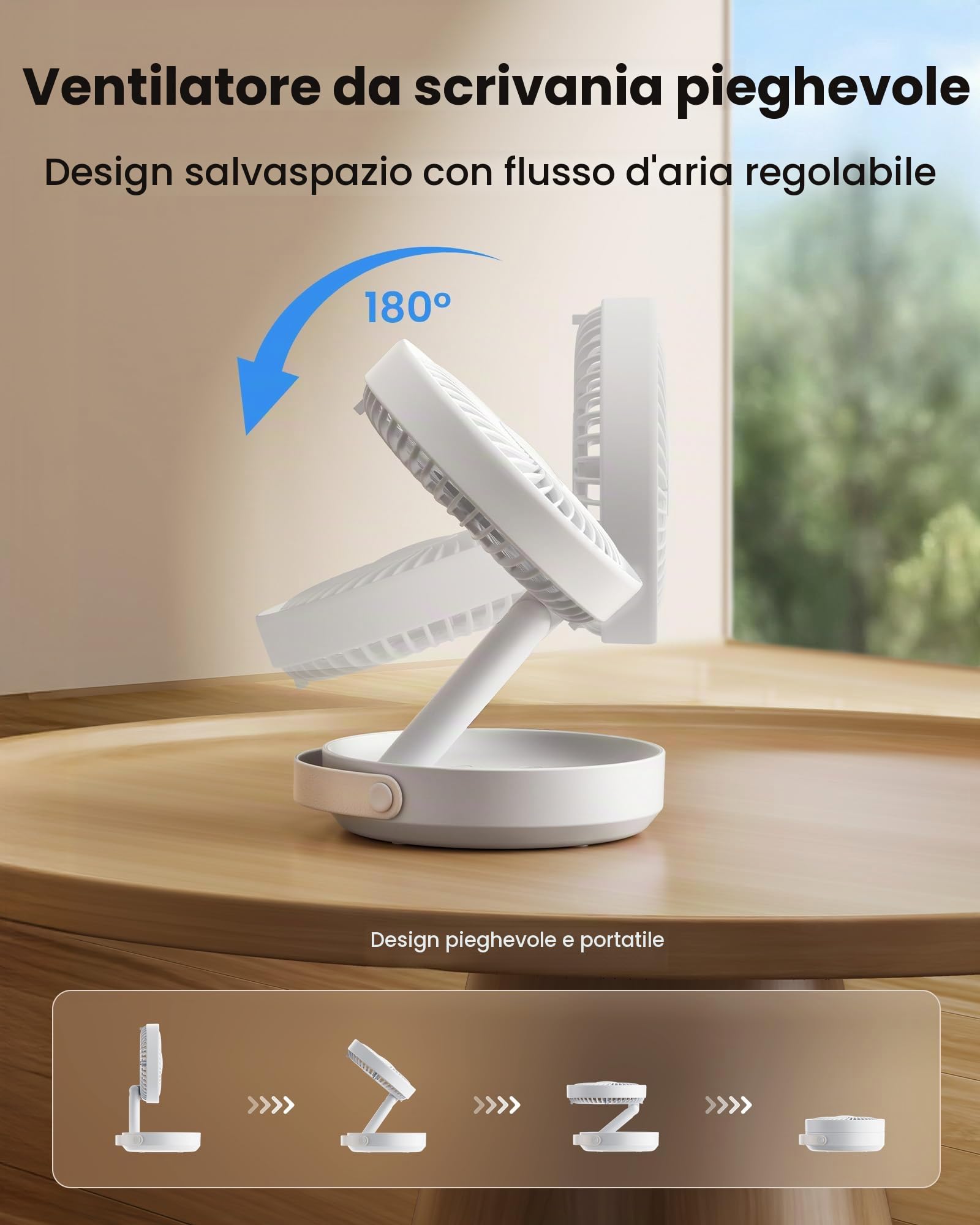 Gaiatop Ventilatore Portatile USB Ricaricabile, 6000mAh Batteria Fino a 20 Ore, Ventilatore da Tavolo Silenzioso Piccolo con Luce Notturna Ufficio Comodino, Accessori Camper Viaggio Pieghevole, Bianco