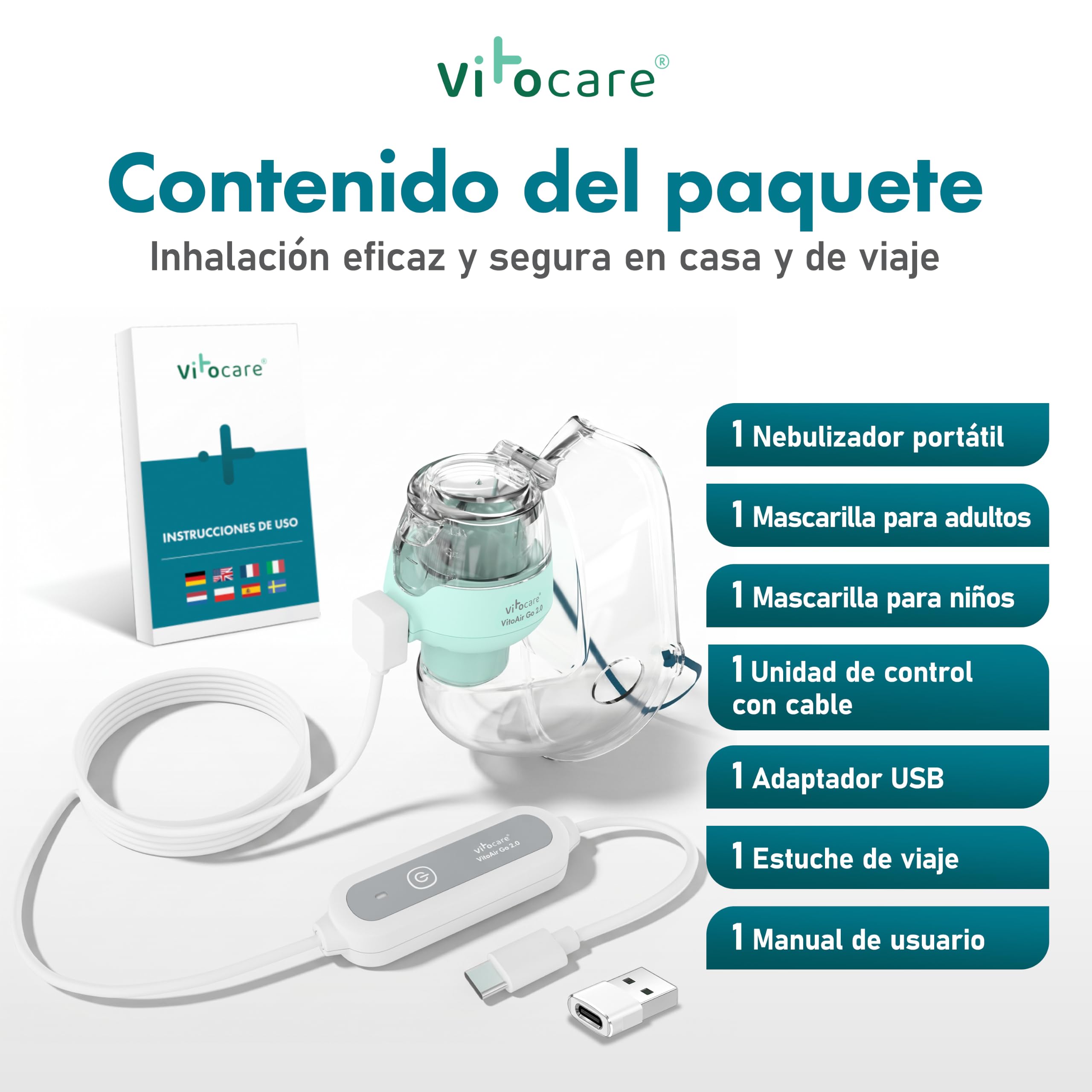 Nebulizador para adultos y niños – vitocare VITOAIR Go 2.0, inhalador ultraligero con 2 tamaños de mascarilla, USB-C y USB, portátil