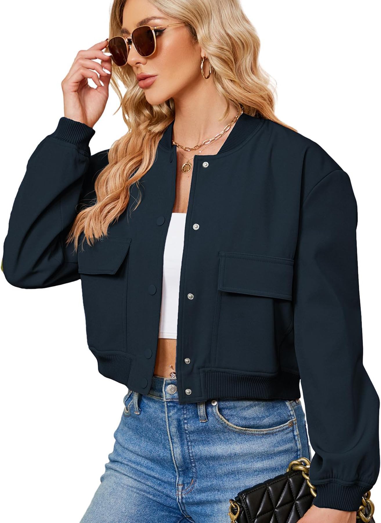 Bomber Jacket Women 2026 - Short Cropped Jacket Women Button Down Long Sleeve Casual Varsity Jackets with Pockets