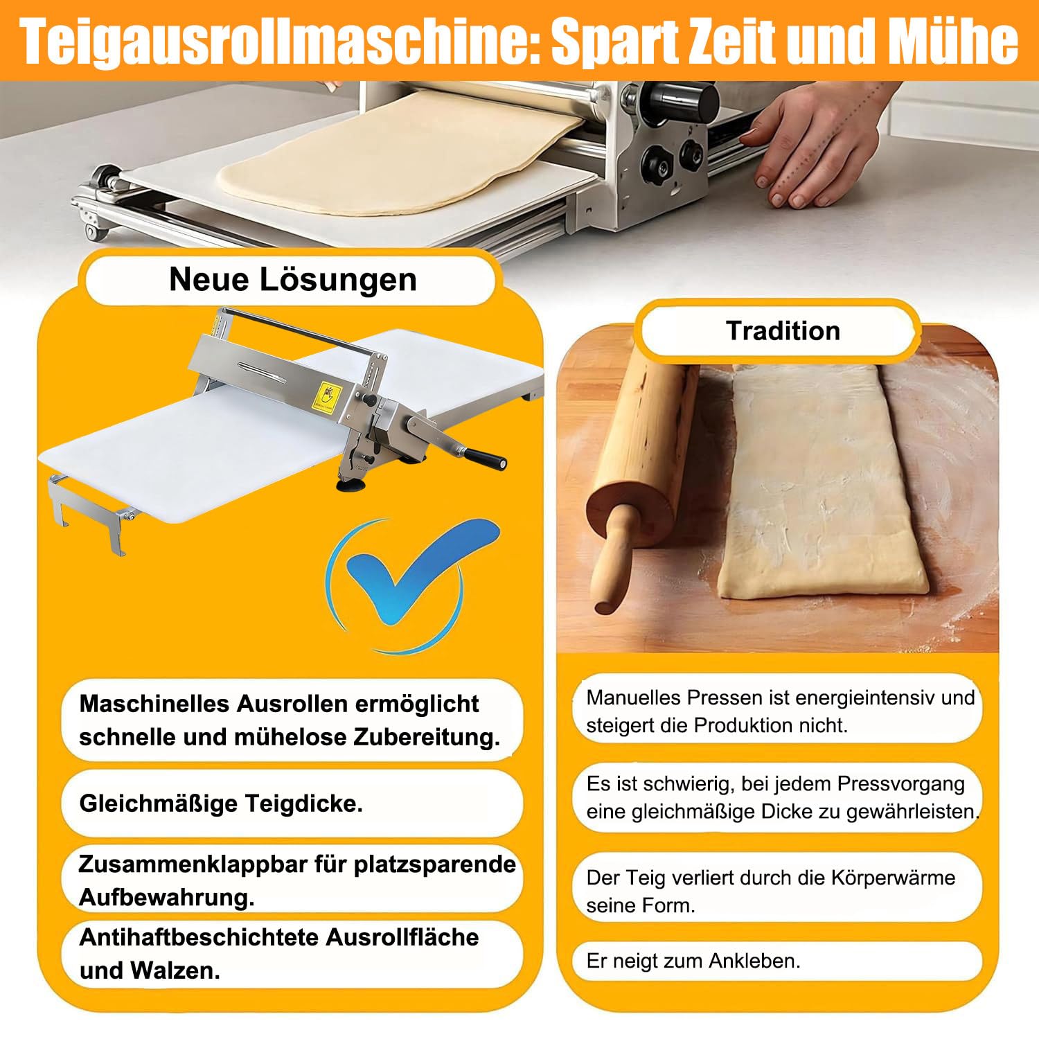 Teig ausrollen Maschine manuell Edelstahl | Gleichmäßige Teigplatten für Pizza Pasta Croissant & Kuchen | Faltbare Teigausrollmaschine aus Edelstahl für Heimgebrauch Küche & kleine Bäckereien Large