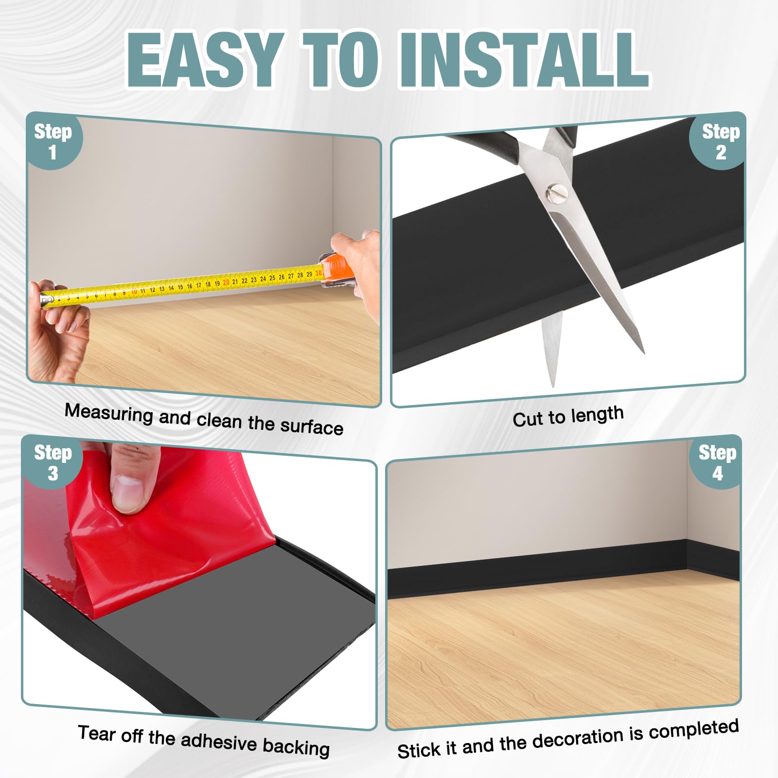 Rodapié de vinilo autoadhesivo flexible, 10 cm de ancho, impermeable, para baño, moldura de pared, para base de suelo, base de cala, base de pared, color negro, 6 m (L)