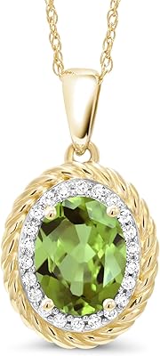 14K Yellow Gold Green Peridot and White Diamond Pendant Necklace For Women (1.48 Ct Oval 8X6MM with 18 Inch Chain)