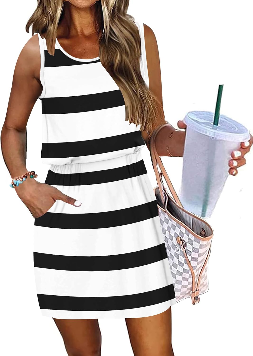 AUSELILY Women Summer Dress 2025 Casual Sleeveless Sundress Crew Neck Beach Short Dresses with Pockets