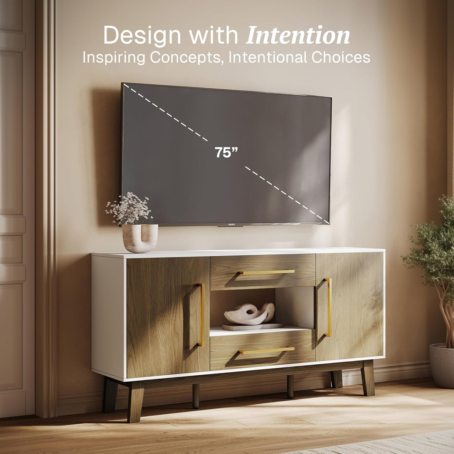 BELLEZE Mid-Century Modern Side Table with Two Drawers and Enclosed Cabinets, Sideboard Buffet Table for Kitchen, Living Room, or Hallway - Tristan (Dark Walnut)