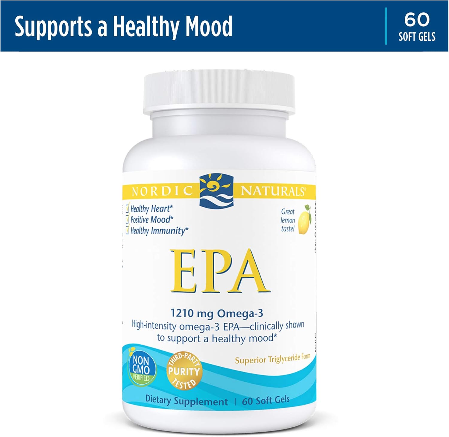 Nordic Naturals EPA, Lemon - 60 Soft Gels - 1210 mg Omega-3 - High-Intensity EPA Formula for Positive Mood, Heart Health & Healthy Immunity - Non-GMO - 30 Servings : Health & Household
