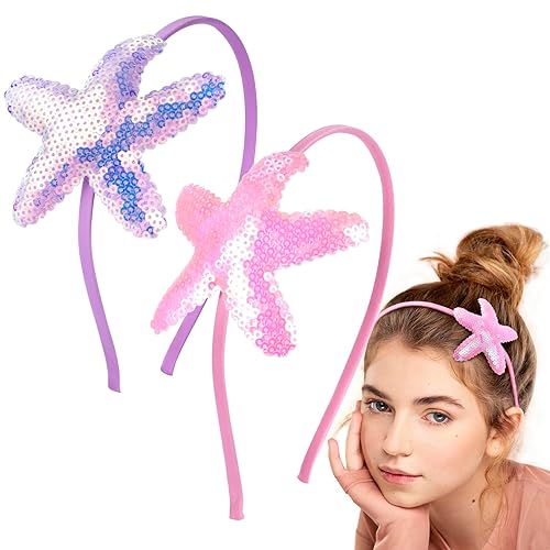 CustomyLife 2 diademas de lentejuelas con estrellas de mar para niñas, banda antideslizante con purpurina de sirena, accesorios para el cabello de CustomyLife 2 diademas de lentejuelas con estrellas de mar para niñas, banda antideslizante con purpurina de sirena, accesorios para el cabello de