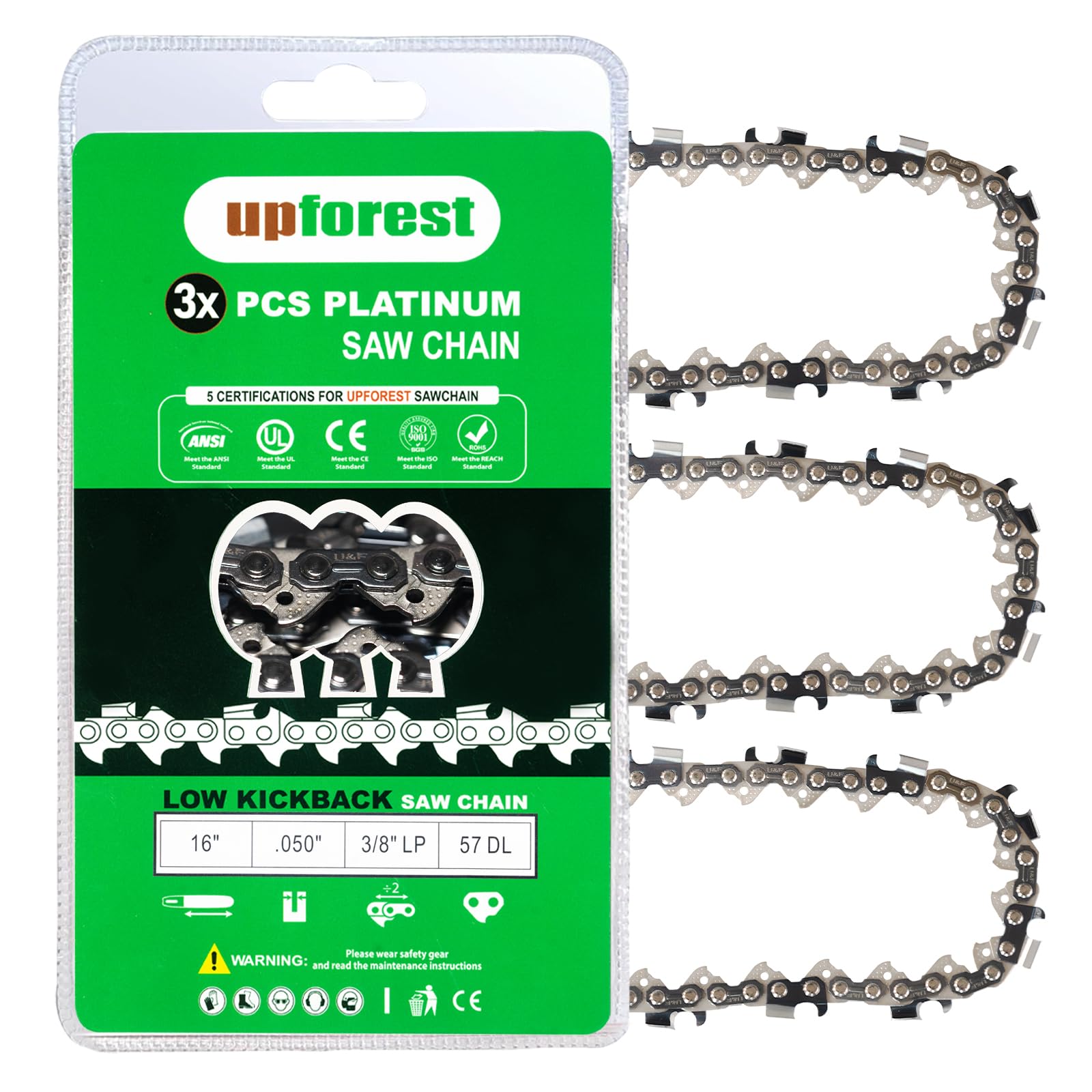 UPFOREST Chainsaw chain 16-Inch Chainsaw Chain 3-Pack S57, 3/8" LP Pitch - .050" Gauge - 57 Drive Links Low-kickback Compatible with Echo, Shindaiwa, Worx, Echo (91YNS57X3)