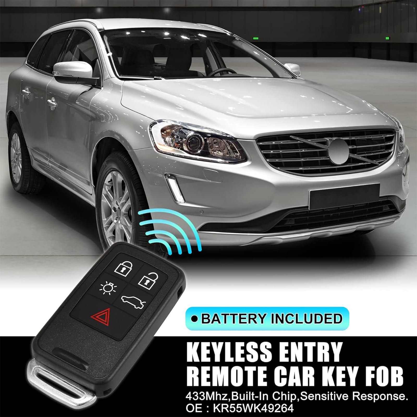 Cover per telecomando a 5 pulsanti per Volvo V40 V60 V70 S60 S80 XC60 XC70 Smart Remote Key Fob con lama non tagliata FCCID: KR55WK49264 433 MHz ID46 Chip