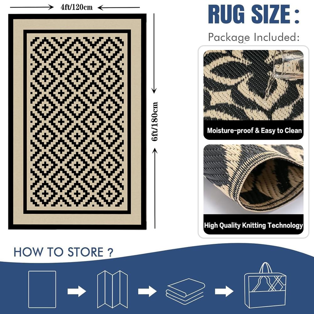 Tapis Extérieur Terrasse Beige et Noir 120x180,Tapis Plastique Antidérapant Moderne,Tapis d'extérieur Imperméable,Resistant Pluie,Réversible pour Jardin Balcon Porche Plage Pique-Nique Camping
