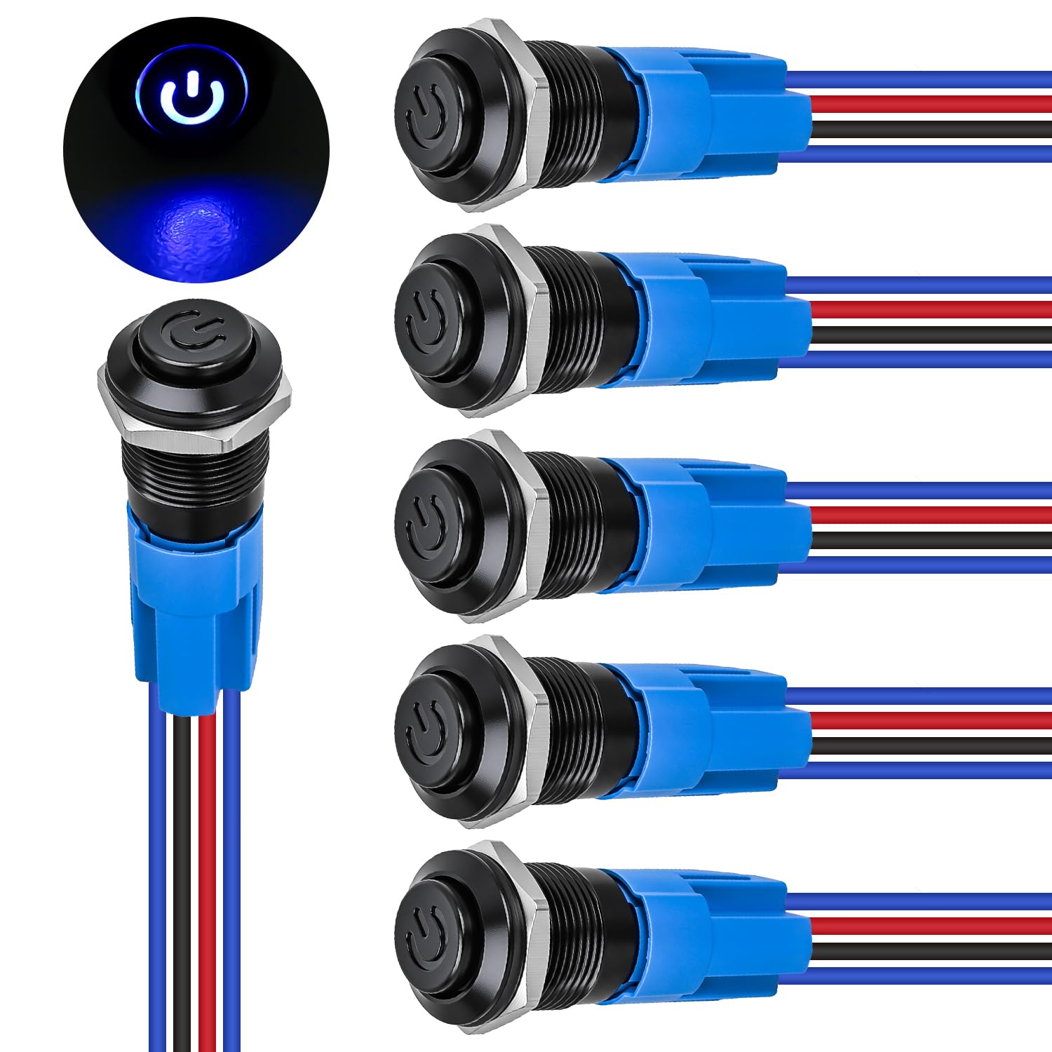 Nilight 12mm Latching Push Button Switch 6pcs LED Blue Waterproof