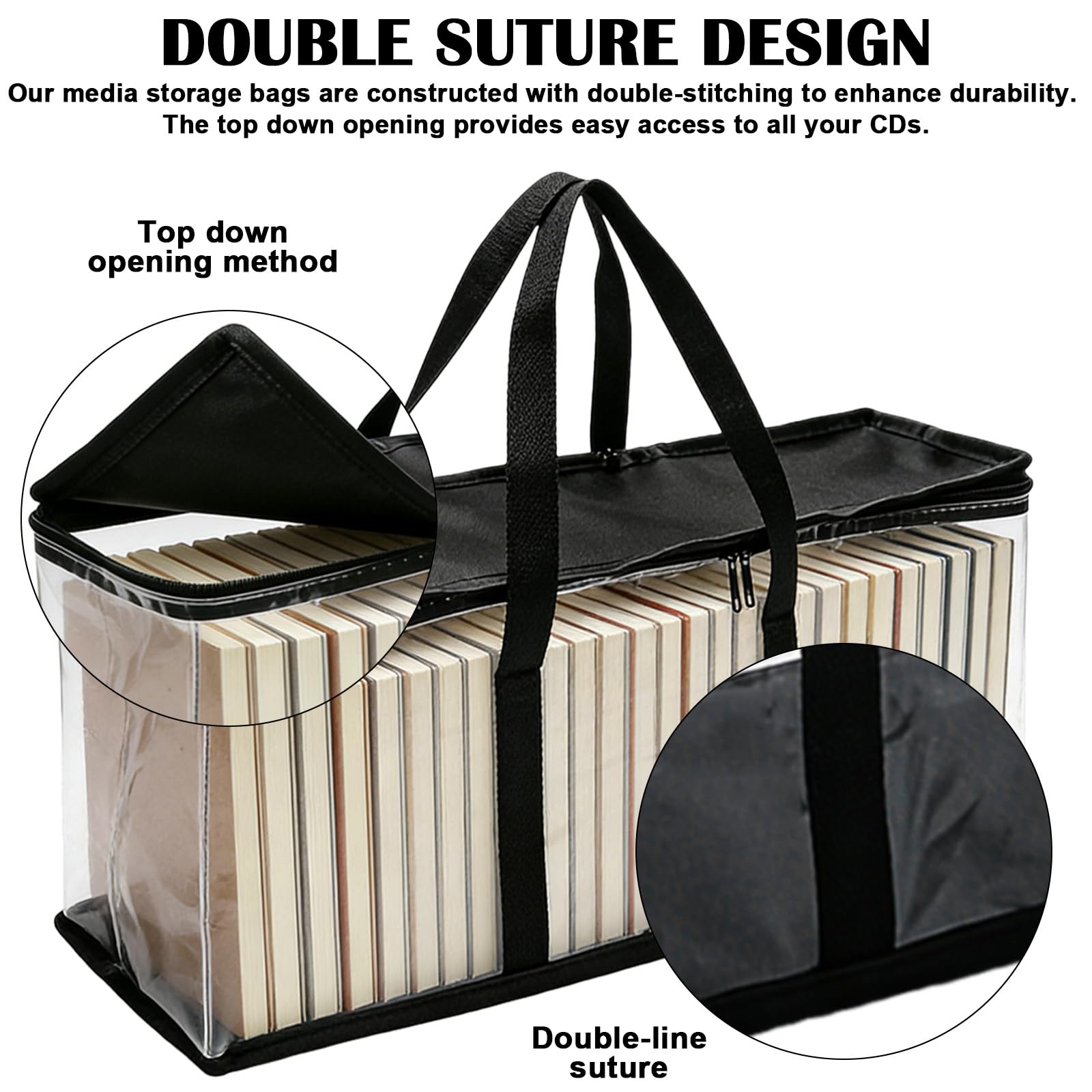 GBKDQQ 4 custodie per DVD, spazio per 160 DVD CD videogiochi, 60 x 15 x 22 cm, custodia trasparente per CD, impermeabile, con chiusura lampo e manici rinforzati (nero)