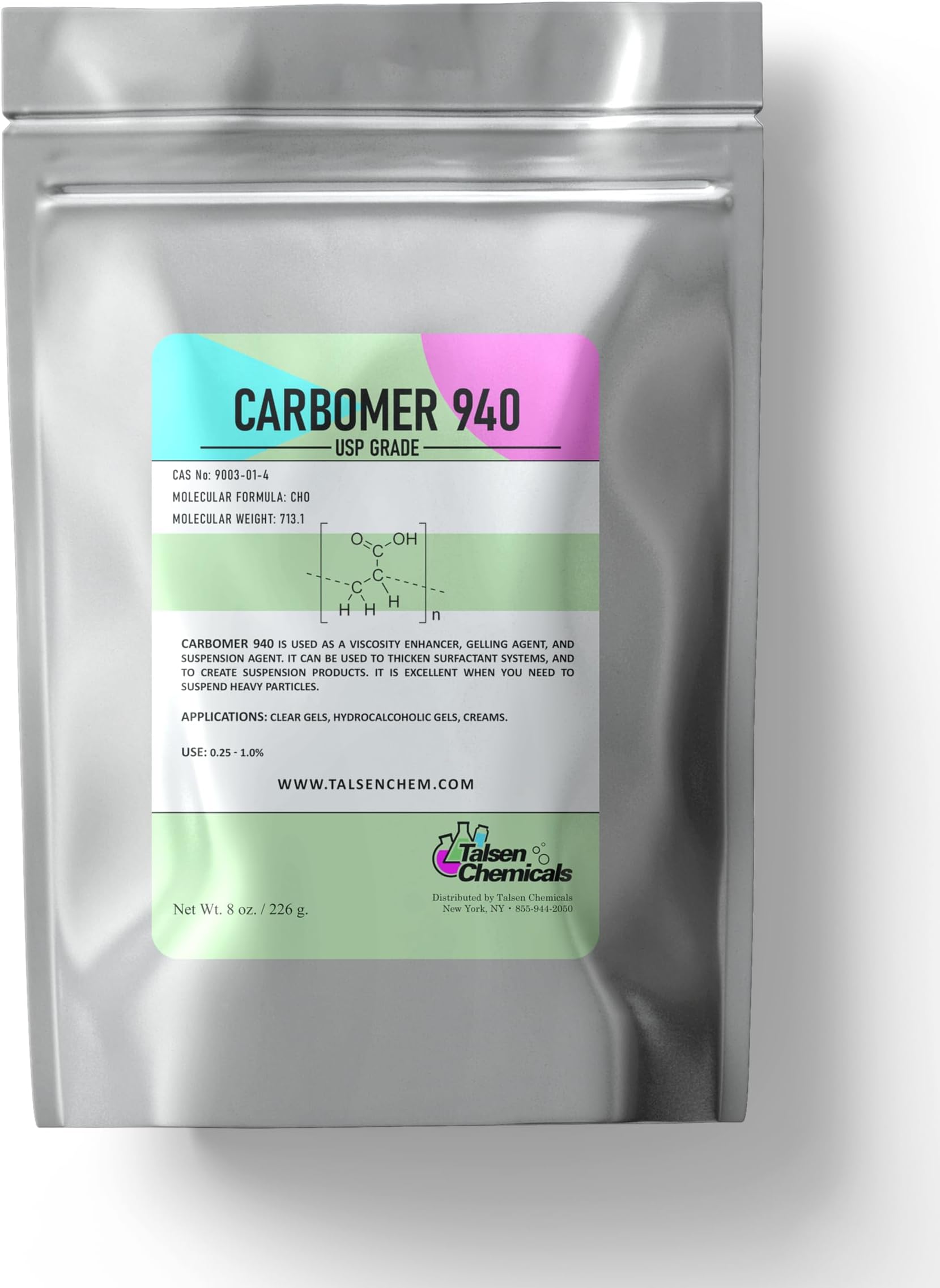 Carbomer 940 Powder 8 Oz / 256 Gram - Versatile Thickener & Emulsion Stabilizer for Cosmetics & Skincare - Carbomer 940 Viscosity Enhancer USP Grade Ideal for Gels Creams & Lotions by Talsen Chemicals