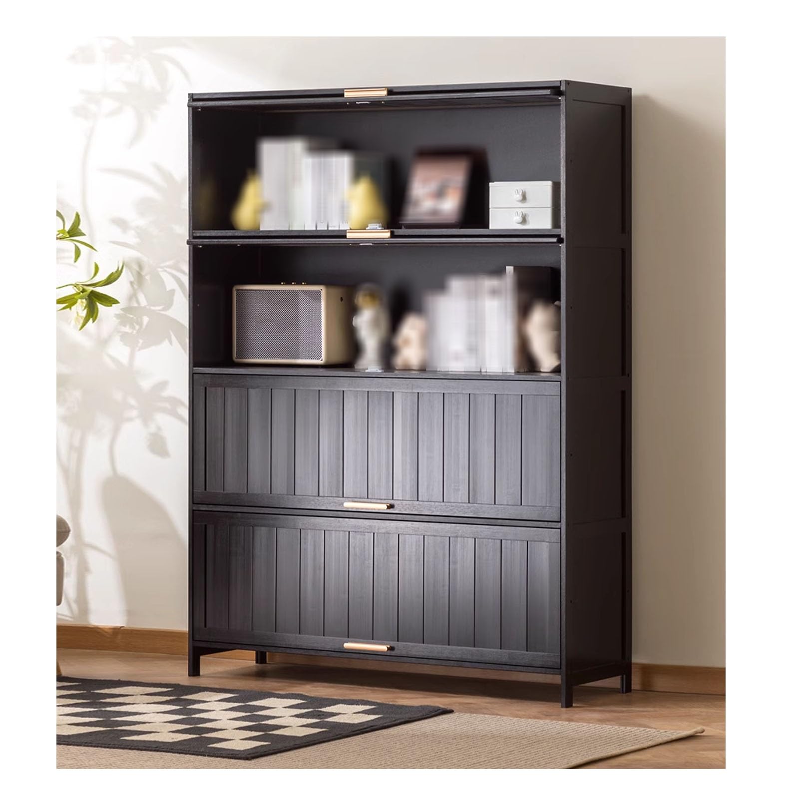 Bambus-Vitrine mit Acryltür, 4 Etagen, freistehend, Küche, Speisekammer, Lagerung, starke Tragfähigkeit, leicht zu reinigen, L 43 cm x H 70 cm