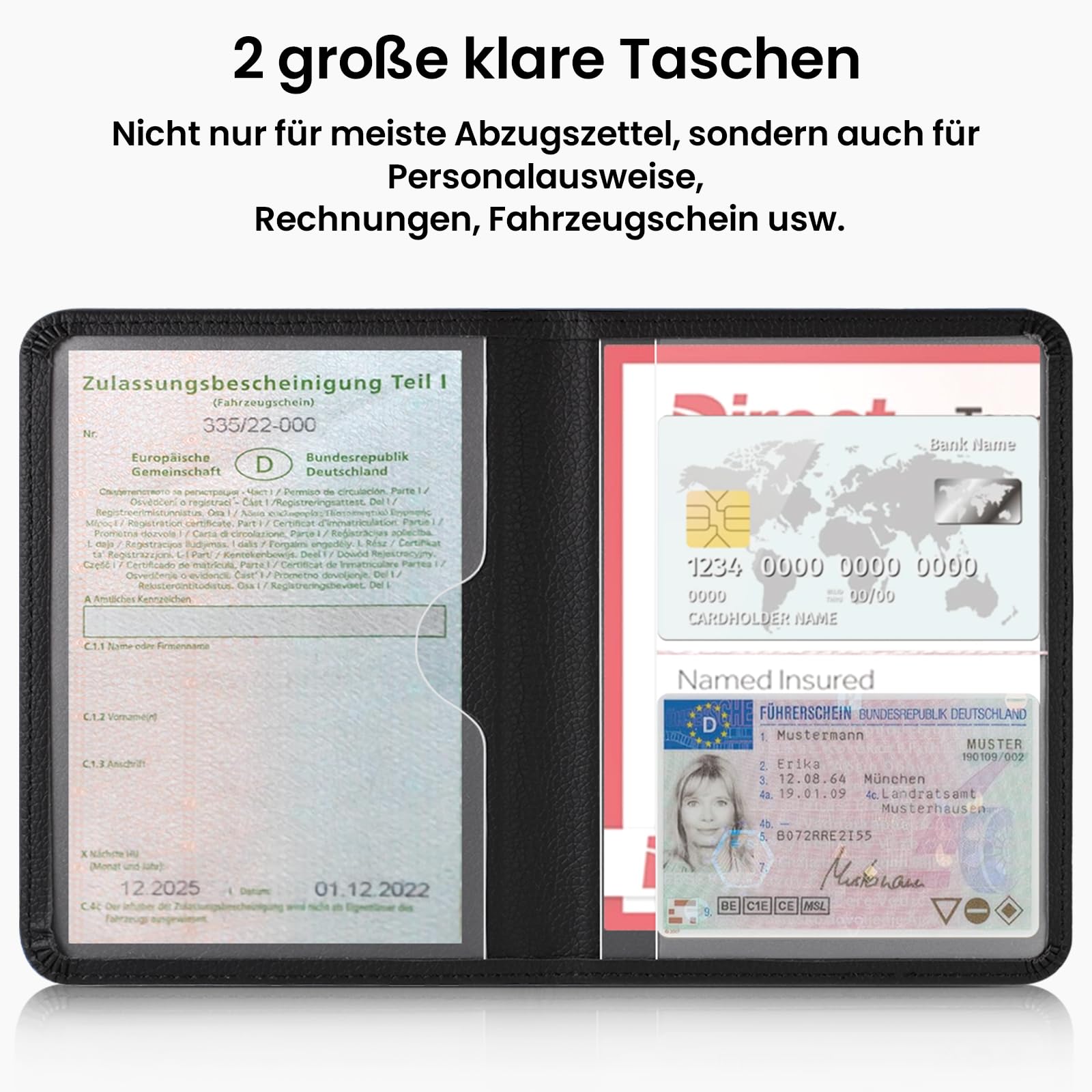 RSAquar Porta Documentos para Coche – Funda Compacta de PU para Registro del Vehículo, Seguro y Permiso de Conducir – Organizador para Guantera (Negro)