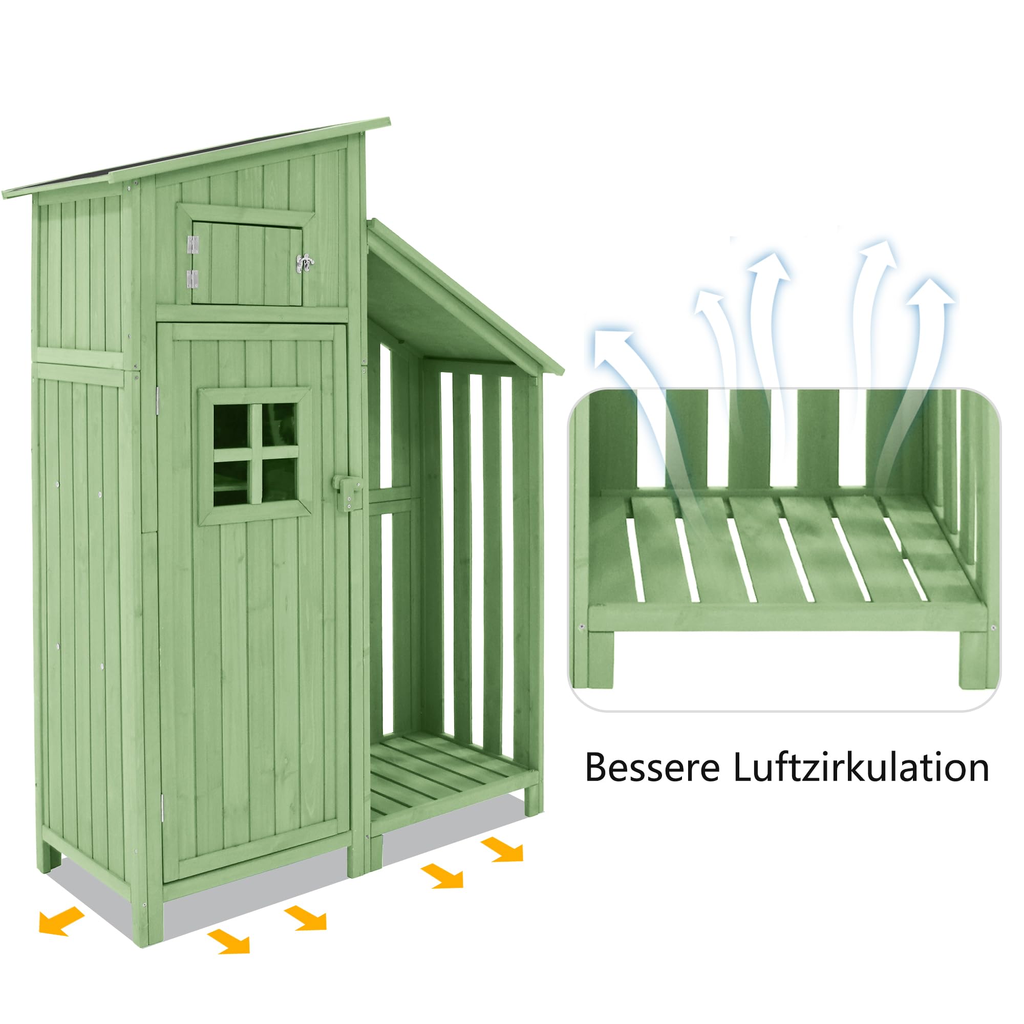 Gerätehaus Holz, Geräteschuppen, Outdoor Schrank 124x46x174cm, Geräteschrank mit Boden, Grün