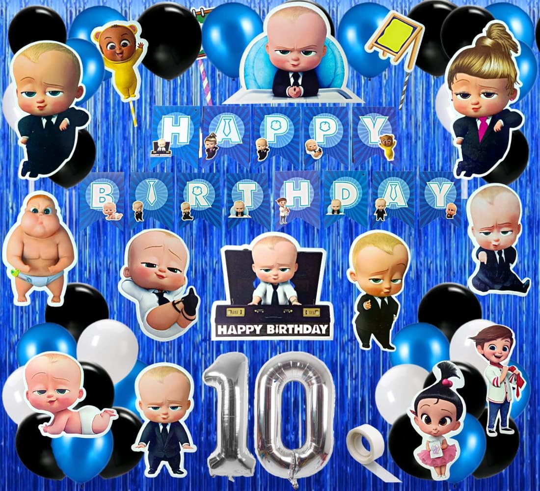 61 Pcs 10th Birthday Decoration Items For Boy | Boss Baby Theme Decorations Combo Set With Birthday Banner Cake Topper Cutouts Balloons (Pack of 61, Multicolor)