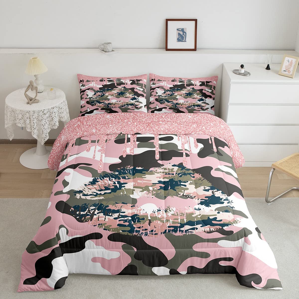 Manfei Camouflage Kids Comforter Set Queen Size, Colorful Camo Lips Quilt Set with 2 Pillowcases, Pink Glitter Bedding Set 3pcs for Boys Girls Teens Bedroom Decor Lightweight Duvet Insert