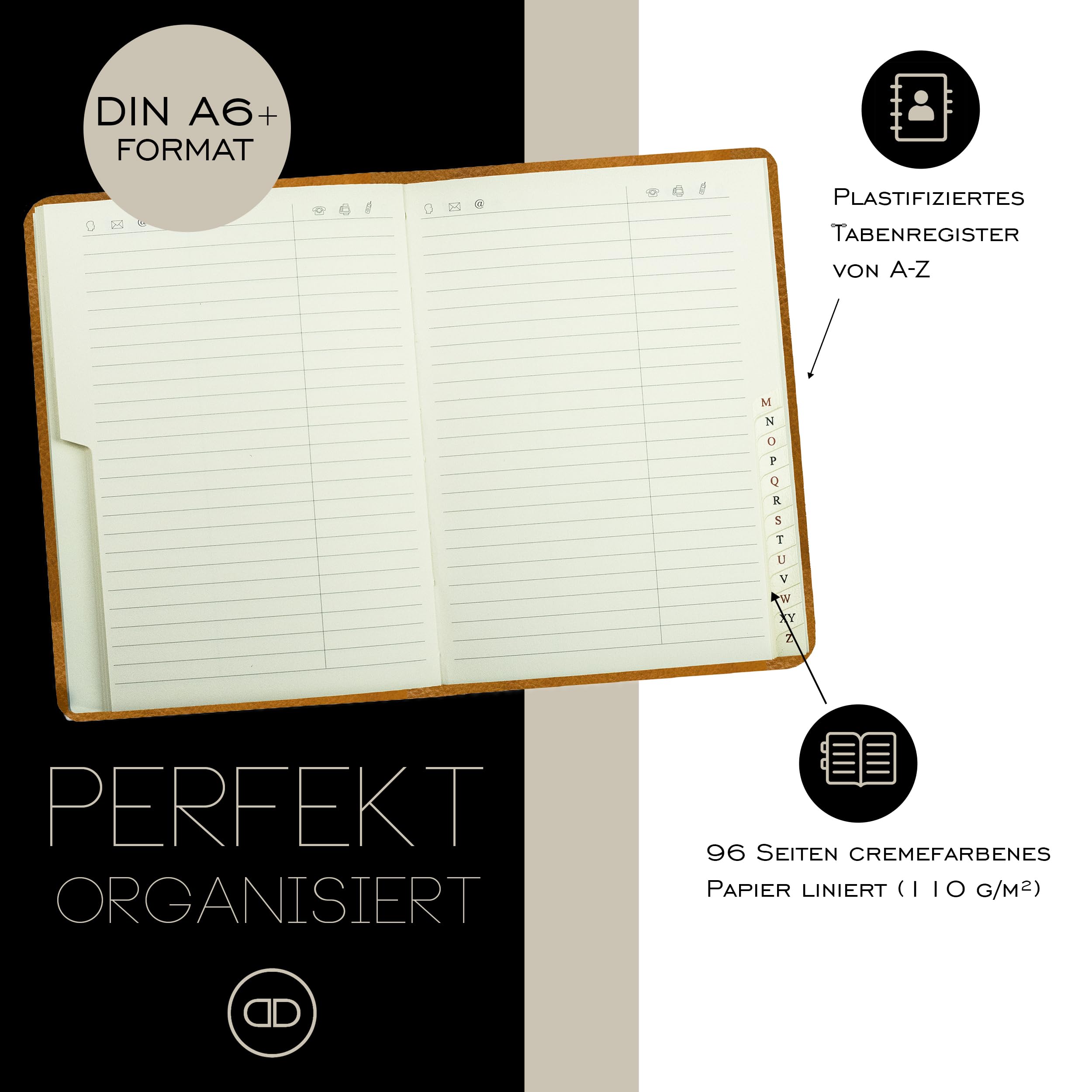 DELMON VARONE - Personalisierbares Adressbuch DIN A6+ gebunden mit A-Z Register Vintage Leder braun - Telefonbuch klein mit leicht wattiertem Hardcover Einband & alphabetischem Telefonregister