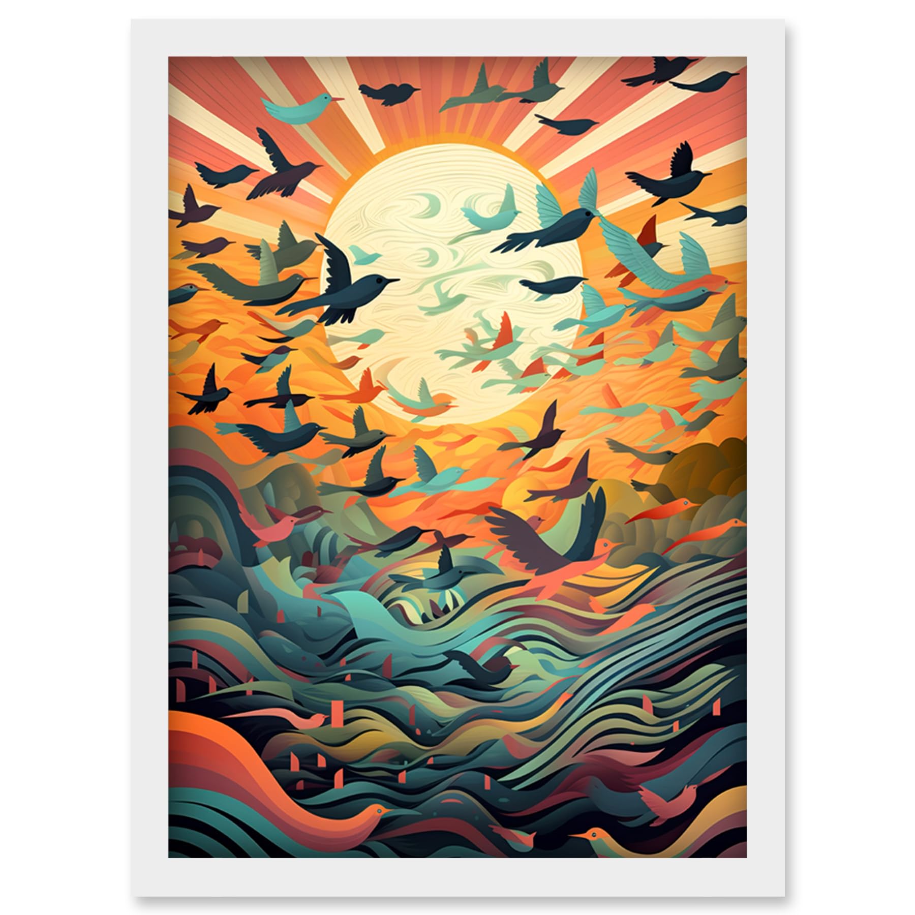 Artery8 Flock of Birds Flying at Sunrise Modern Folk Art Artwork Framed Wall Art Print A4