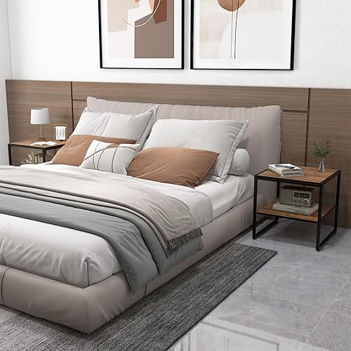 Miniatura 8 de GOFLAME Juego de 2 mesas auxiliares cuadradas para sofá de 2 niveles con estante abierto, marco de metal, mesa de té industrial, mesita de noche