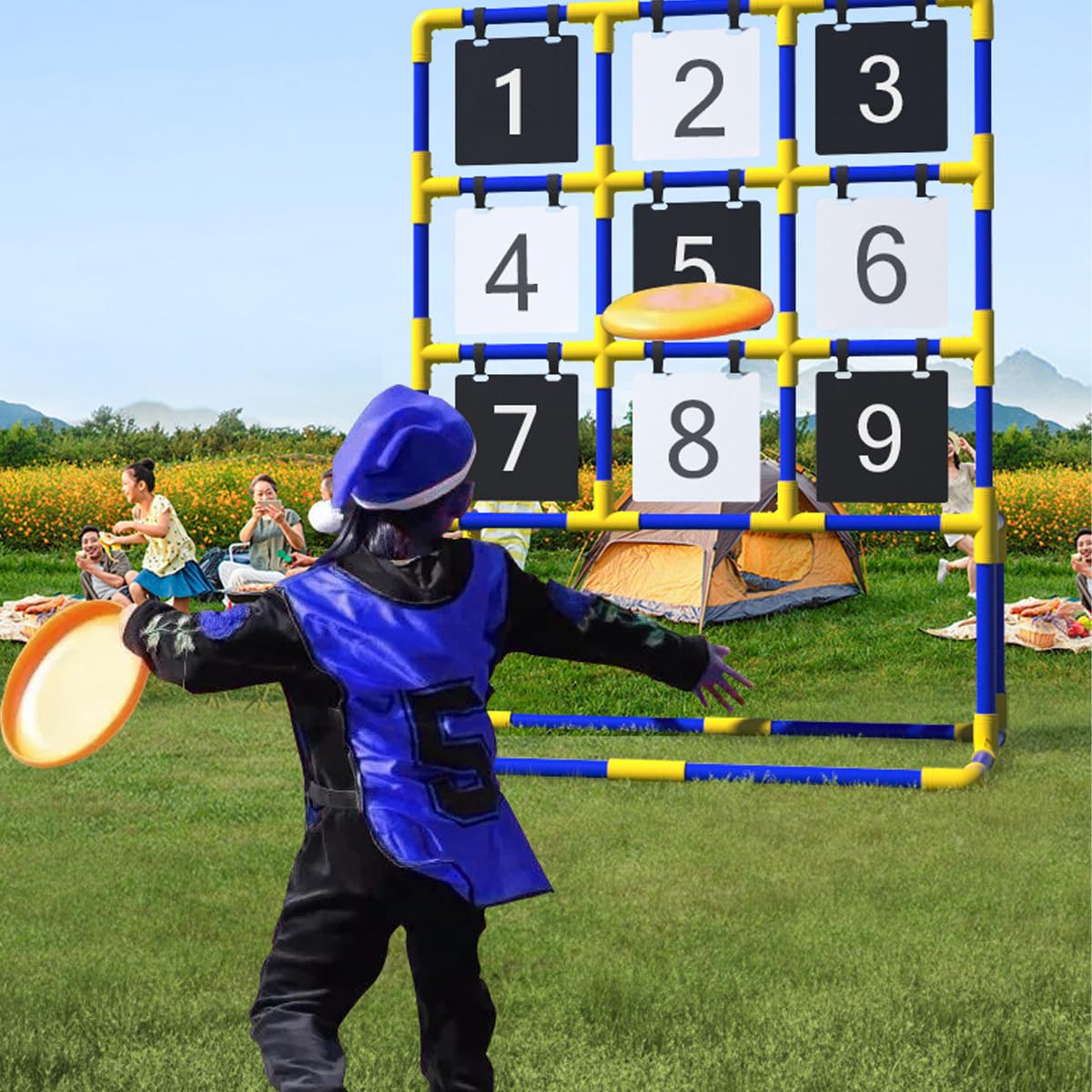 Lancia Il Set di Giochi Target, Il Cortile Che Lancia Un Gioco Frisbee Set per l'interno e l'esterno con 9 Frisbee per Campeggio, Spiaggia, Prato, Facile da allestire con Carry Compact Model A