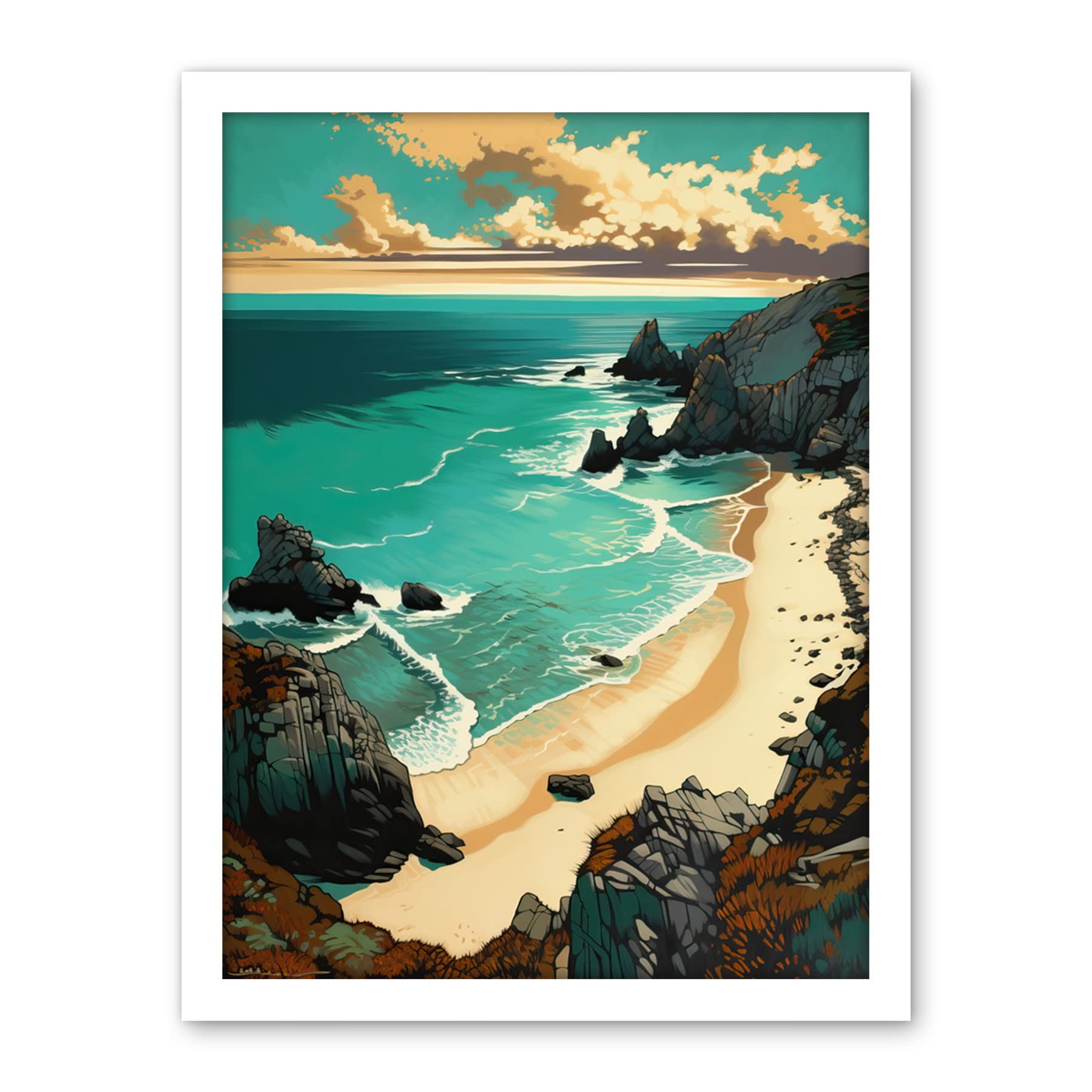Artery8 Porthcurno Sandy Beach Cliffs Coastal Landscape Artwork Framed Wall Art Print 18X24 Inch