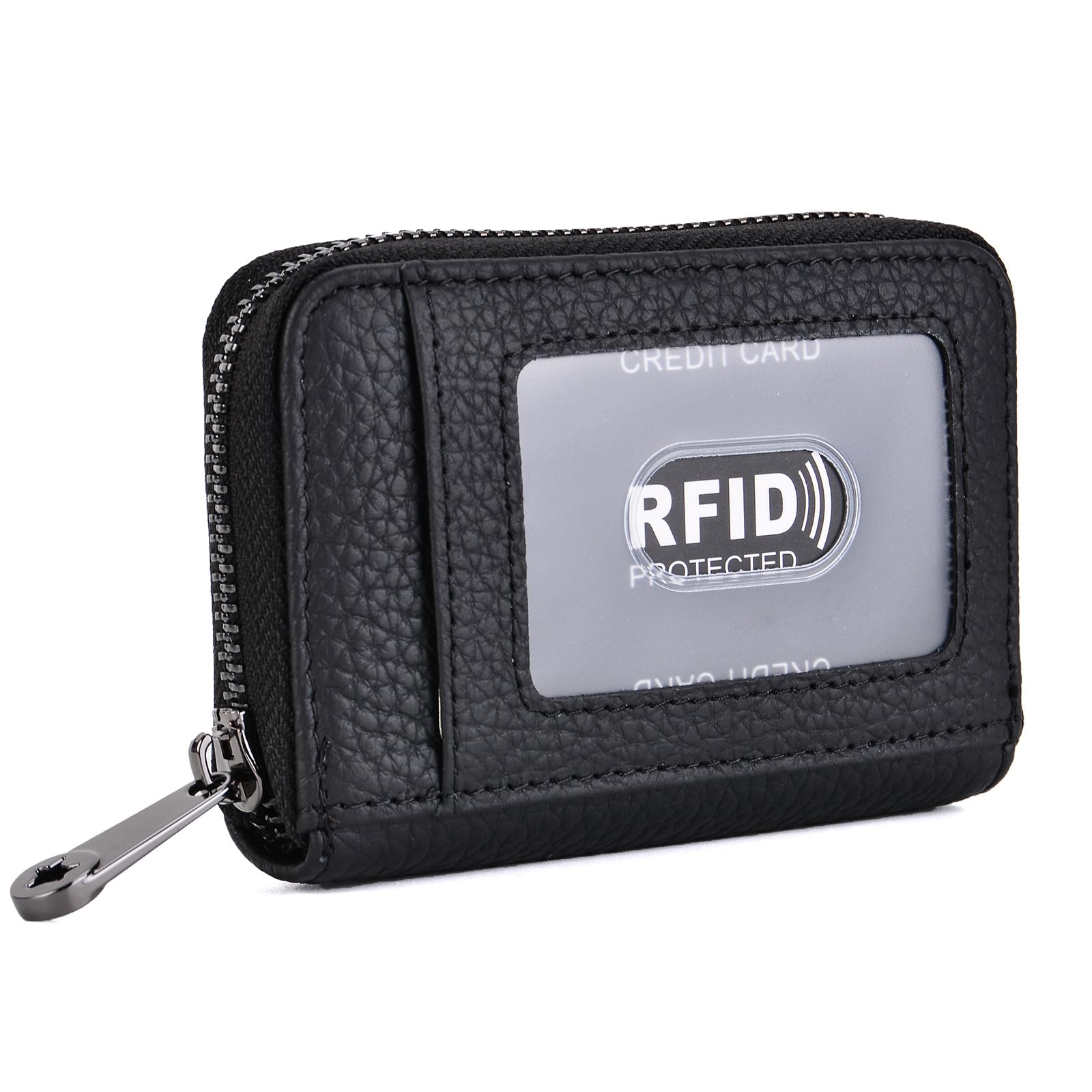 Genuine Leather Credit Card Wallet Accordion Zipper Rfid Credit Card Holder Small Coin Purse with ID Window (black)