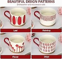 Vista 5 de Koja Juego de tazas de cerámica de porcelana pintadas a mano de 15 oz. Servicio para 4. (pintado a mano - rojo)