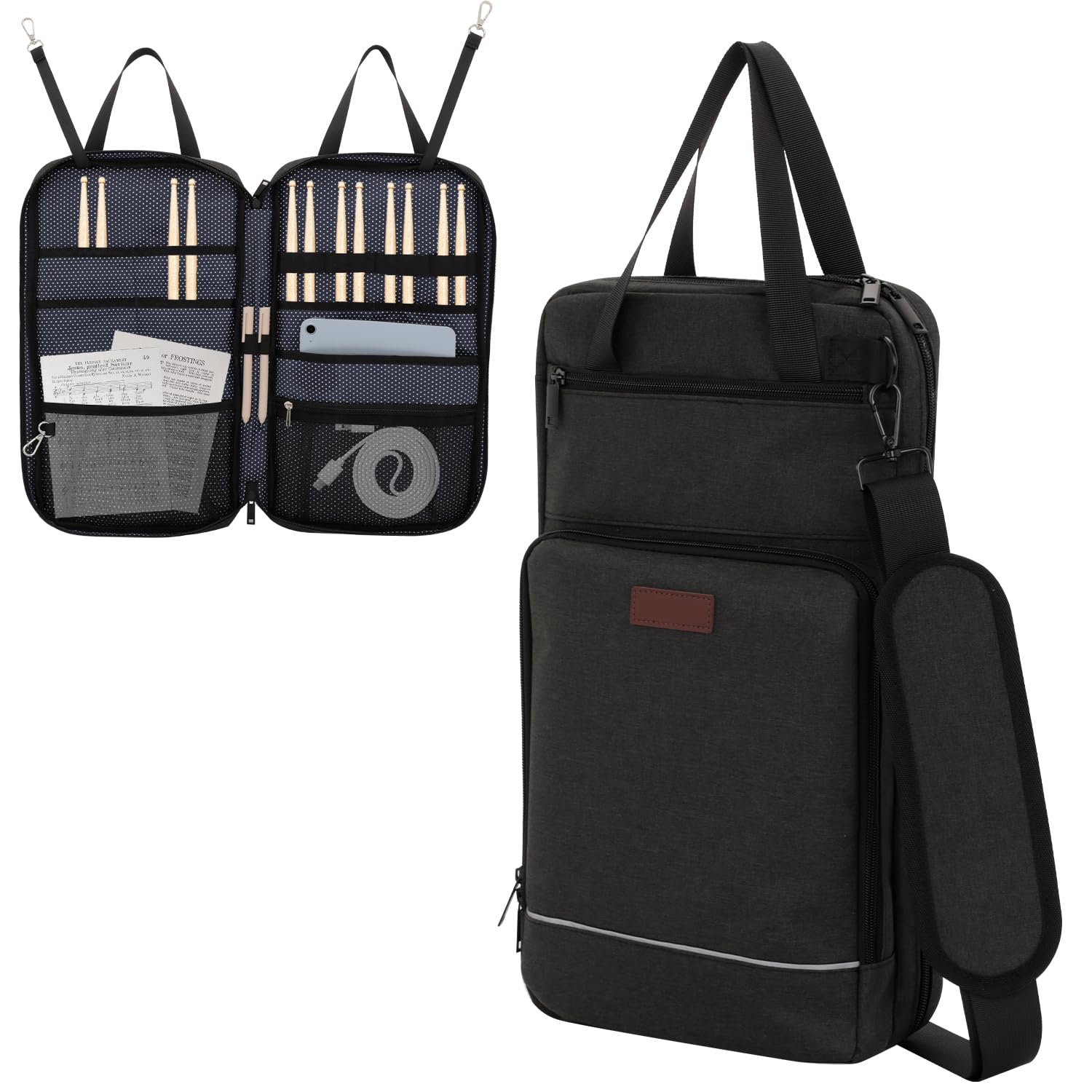 Drumsticktasche mit Aufhängehaken, Drumstick-Bag mit verstellbarem Schultergurt, Schlägelhalter für Drumsticks, Besen und Notenblätter, für Drummer und Anfänger bei Gig, Übung und Probe, nur Tasche
