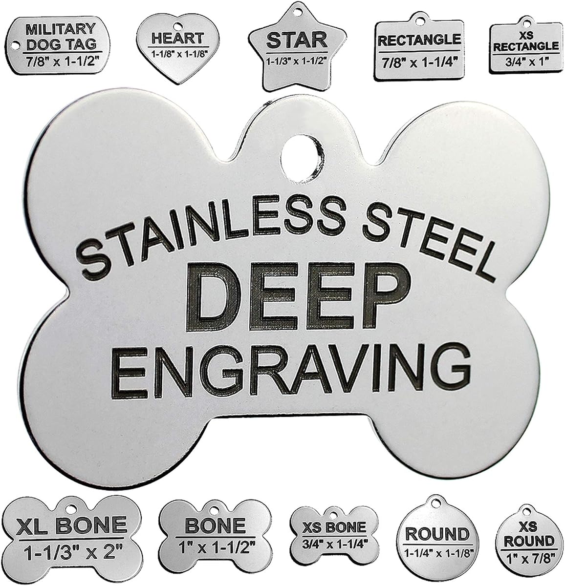 DEEP Engraved Premium Dog & Cat ID Tag – Personalized, Stainless Steel, Long-Lasting Durability - Bone 1" x1-1/2 (2-Side Engraving)