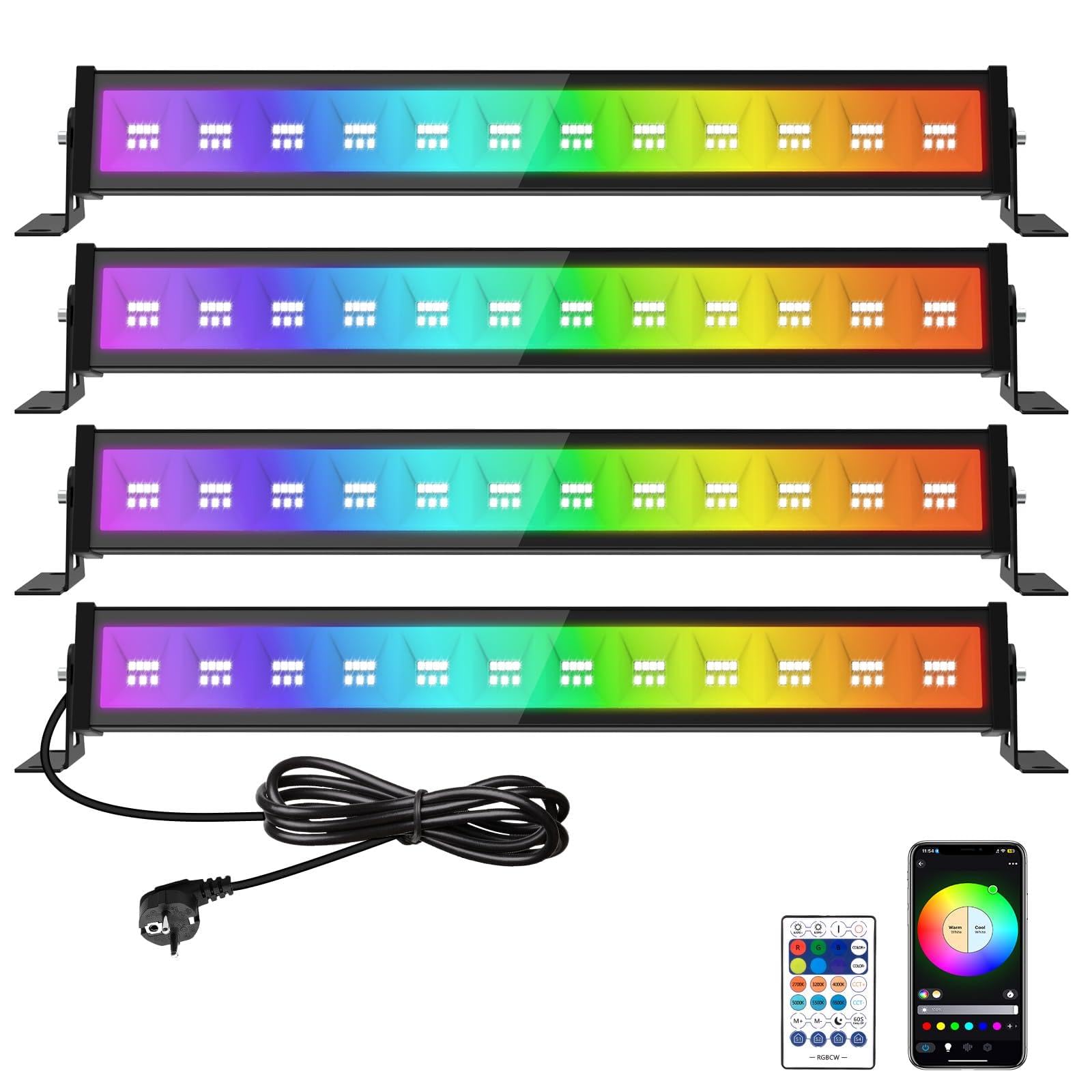 T-SUN 50W Barra LED RGB, 4 Pezzi RGB Faretto LED Esterno, Faretti Colorati Intelligente con Telecomando/APP/Memoria/Timer/Impermeabile IP66 per Scenari Bar Festa Giardino