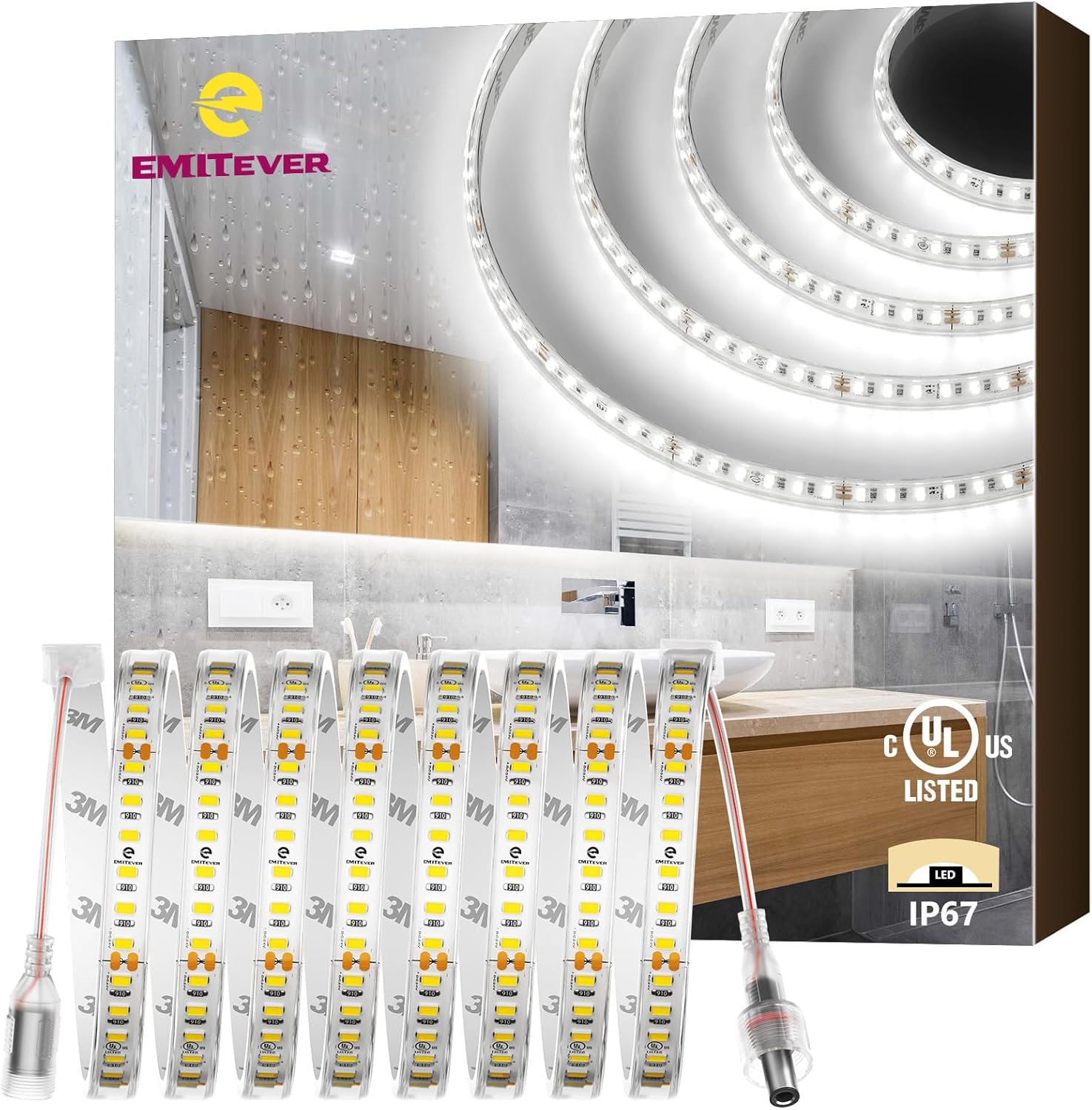 EMITEVER Outdoor LED Strip Lights Waterproof 5000K White, 16.4ft IP67 24V Tape Light UL Listed, 240+LM/ft, High Density 600LEDs, Lighting for Bathroom,Pool,Patio,Garden(Power Supply Not Included)