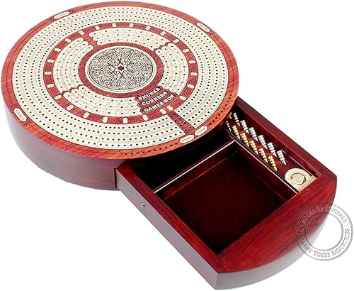 House of Cribbage, Forma Redonda 4 Pistas continuas Cribbage Junta Bloodwoodarce, con cajón y lugar para Skunks Push esquinas y juegos.