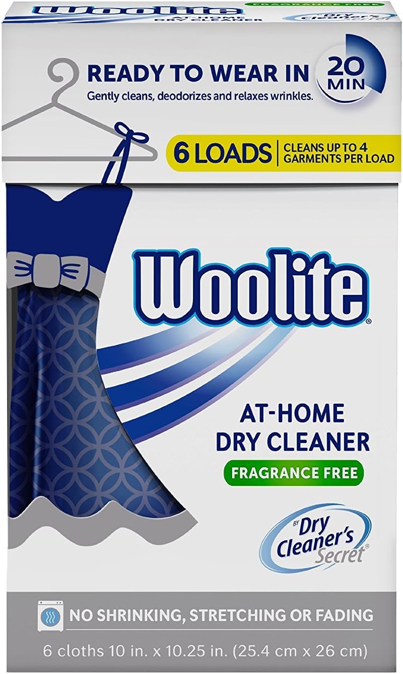 Woolite Dry Care Cleaner, Home Dry Cleaning in 20 Minutes Daily, Special Care and Dry Cleaning Wipes, Fragrance Free, 6 Wipes