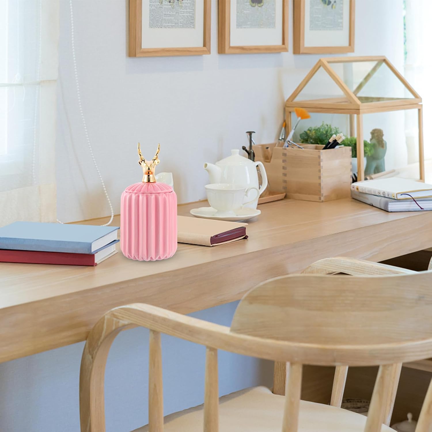 Decorative Ceramic Candy Jar with Animal Lid, Effective Sealing and Non-slip Storage Container for Candy and Cotton Swabs, Jewelry Organizer for Bathroom or Vanity