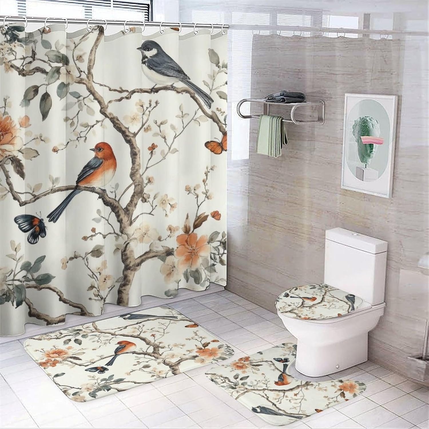 4Pcs Chinoiserie Floral Bird Shower Curtain Sets, Bath Mat and Rugs, Retro Spring Nature Shower Curtain with Hooks for Bathroom