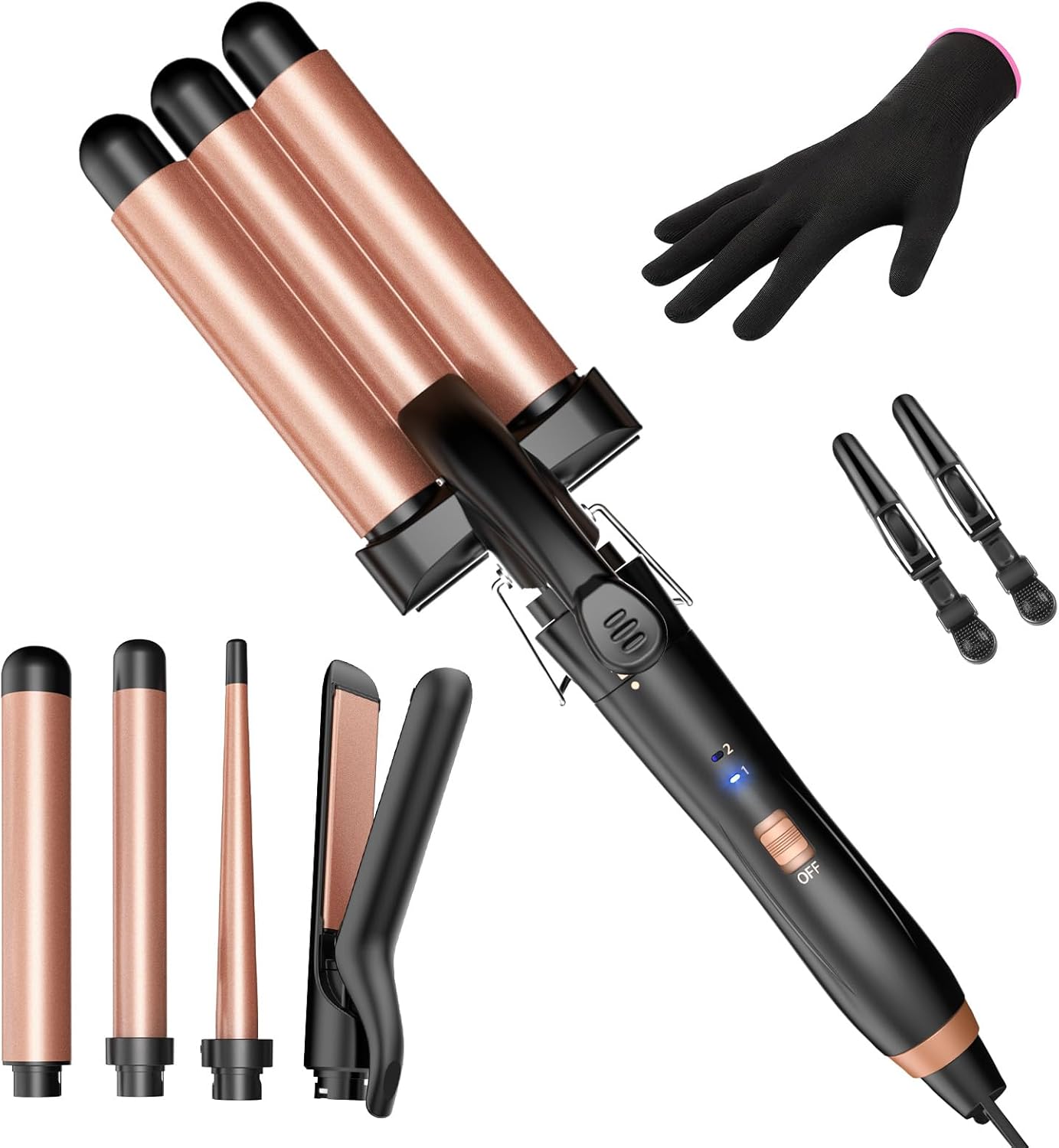 Kinked Curling Iron Set-5 in 1 Curling Wand Set with Hair Straightener, 3 Barrels Hair Crimper, 3 Curling Irons (0.35 "-1.25"), 2 Temps Fast Heat Hair Waver Curler with Clips & Glove-Pale Pink Gold