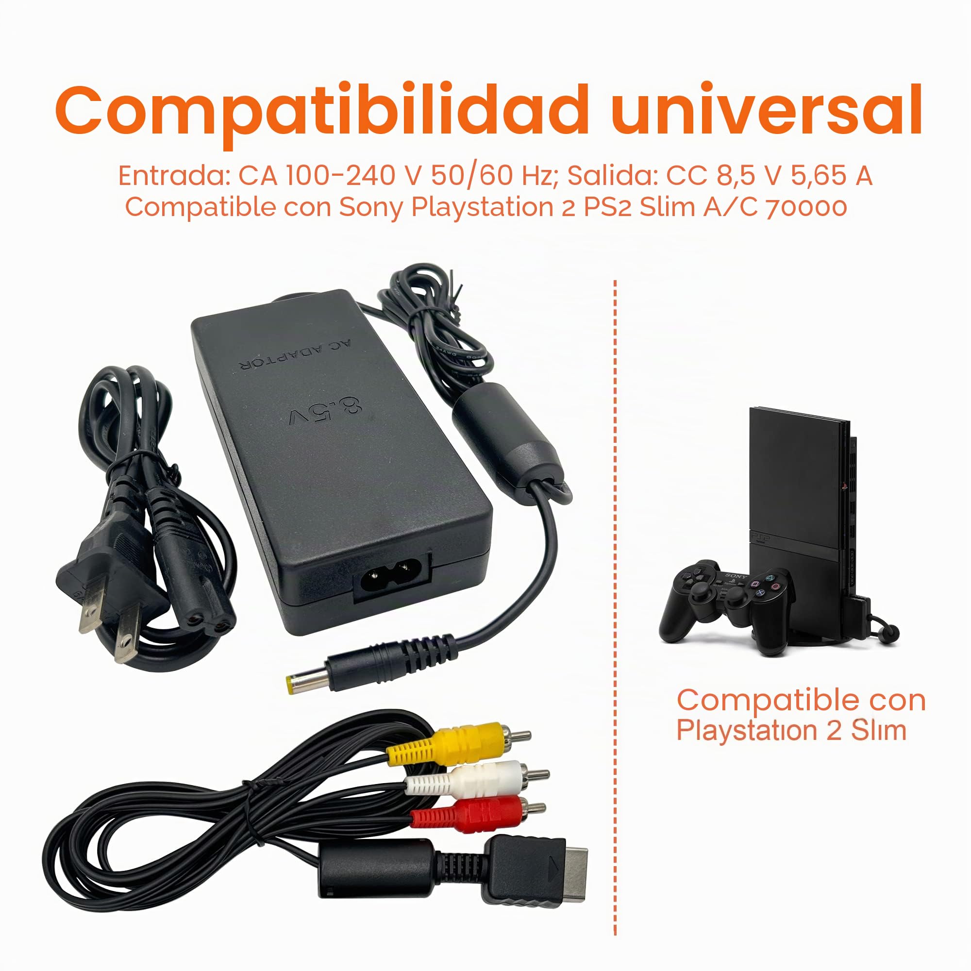 Fuente de alimentación y cable AV para PS2, adaptador de corriente CA y cable AV compatible con Playstation 2 PS2 Slim A/C 70000 juego de repuesto de consola
