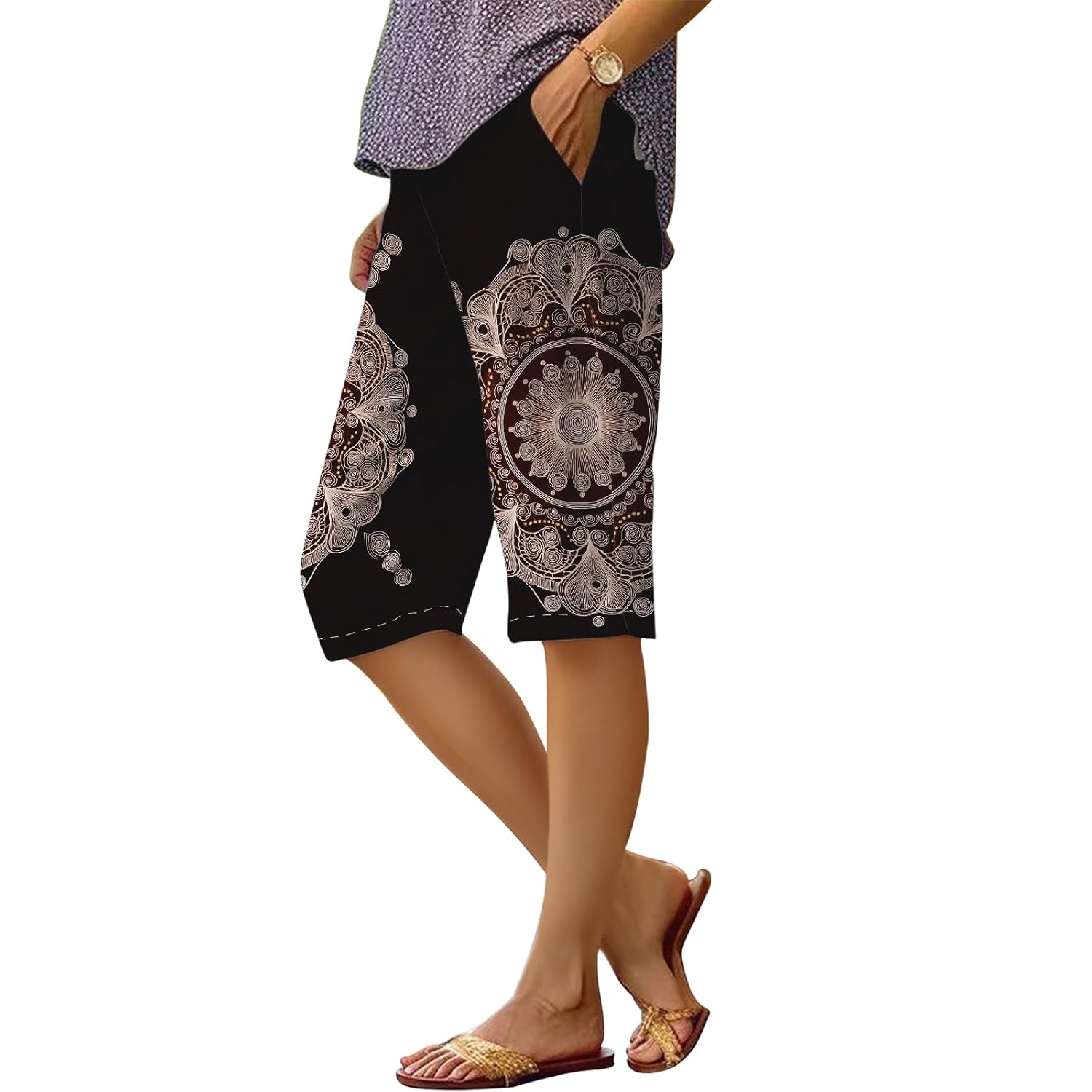 Womens Summer Casual Beach Bermuda Shorts Boho Striped Pant Loose Knee Length Wide Leg Athletic Pants with Pockets