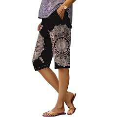 Womens Summer Casual Beach Bermuda Shorts Boho Striped Pant Loose Knee Length Wide Leg Athletic Pants with Pockets