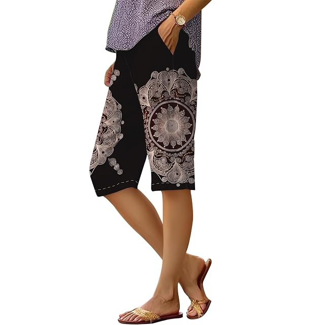 Womens Summer Casual Beach Bermuda Shorts Boho Striped Pant Loose Knee Length Wide Leg Athletic Pants with Pockets